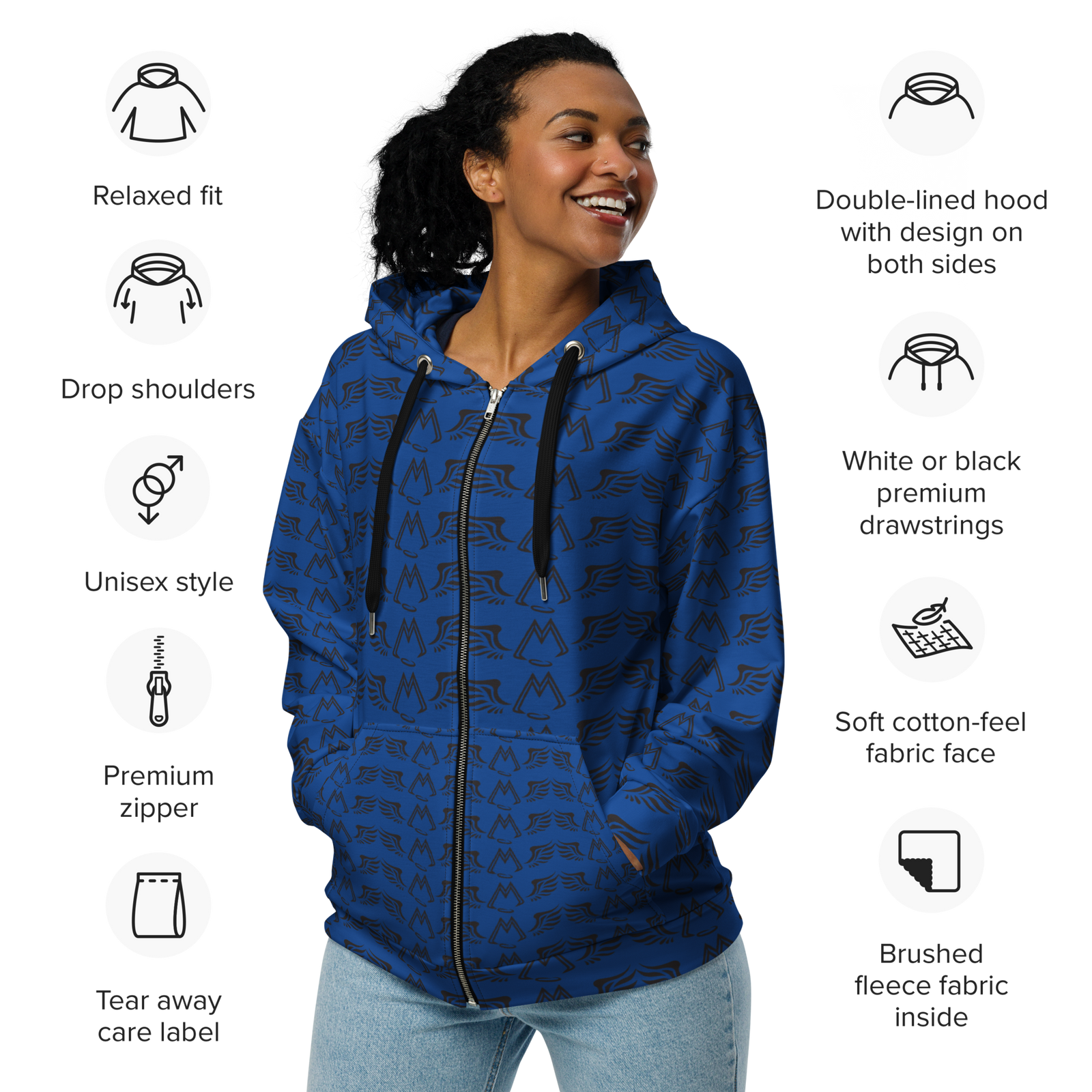 Blue Unisex Zip Hoodie With Duplicated Black MM Iconic Logo
