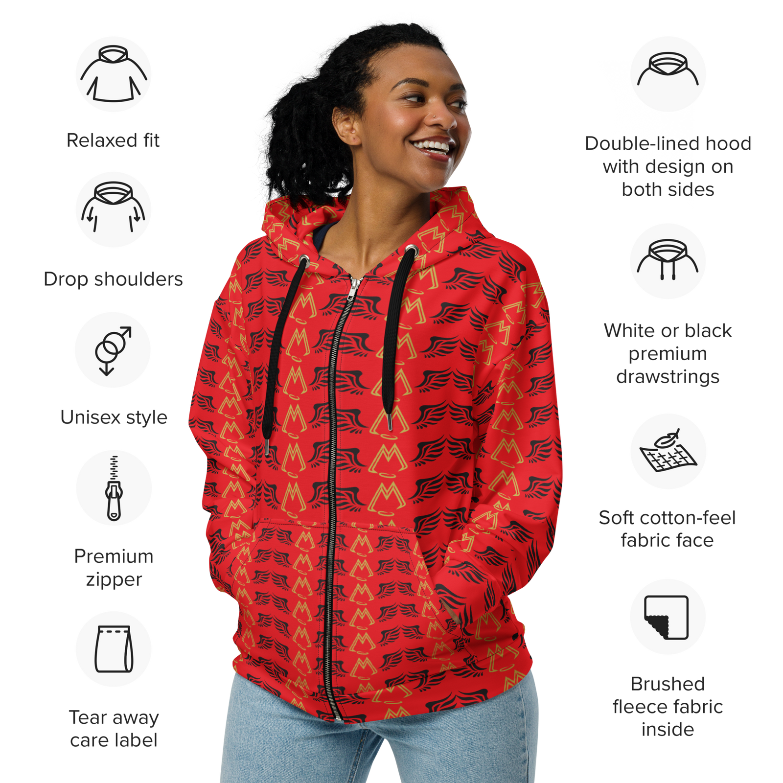 Red Unisex Zip Hoodie With Duplicated Gold-Black MM Iconic Logo