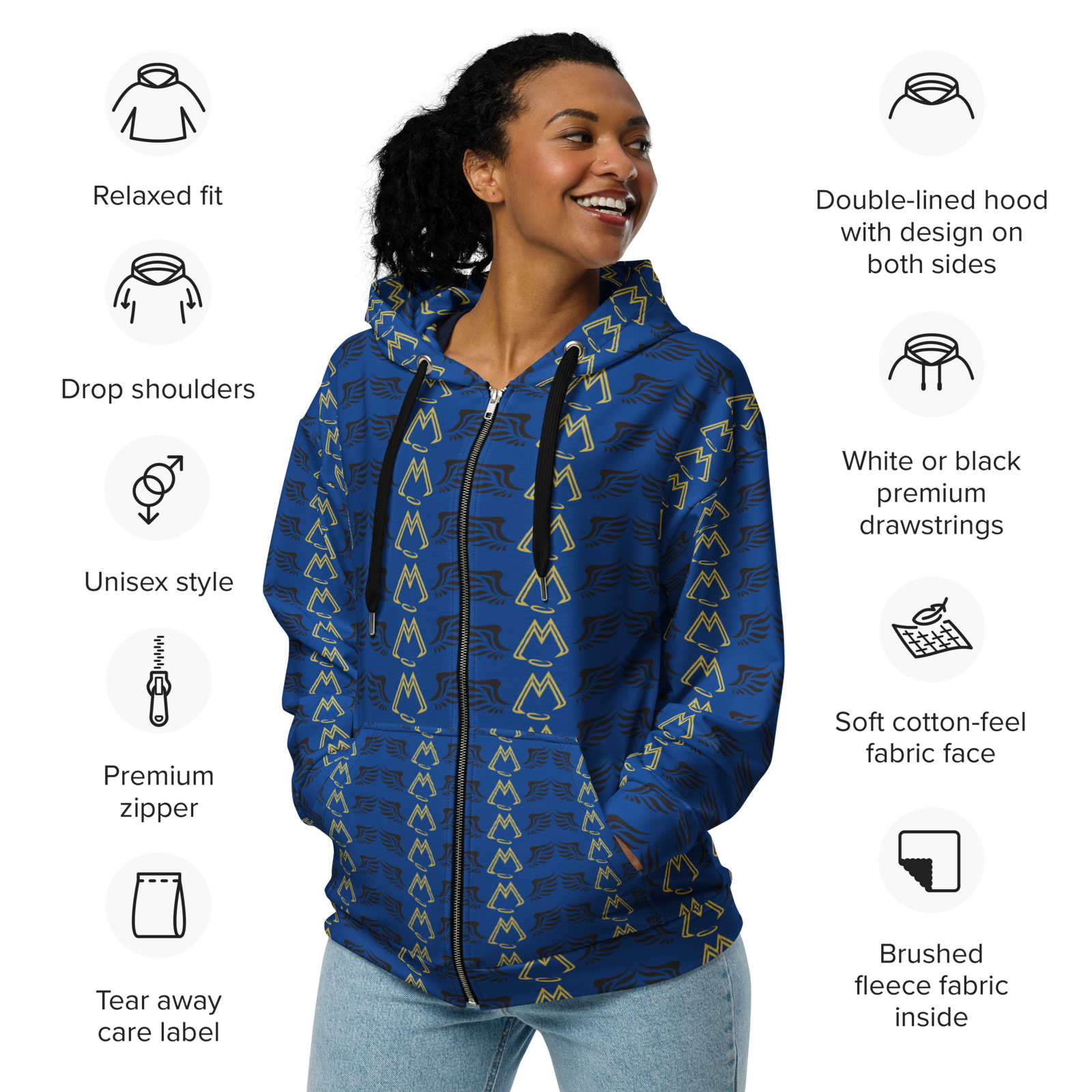Blue Unisex Zip Hoodie With Duplicated Gold-Black MM Iconic Logo