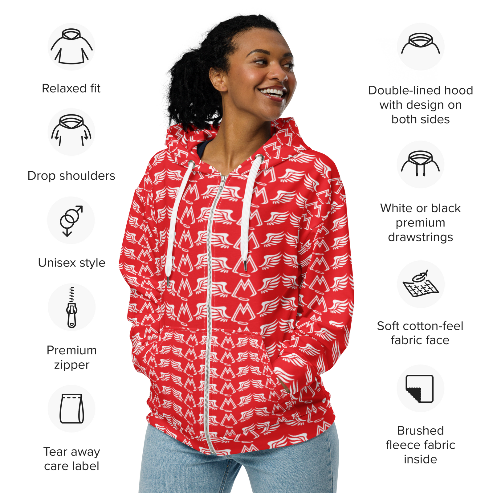 Red Unisex Zip Hoodie With Duplicated White MM Iconic Logo