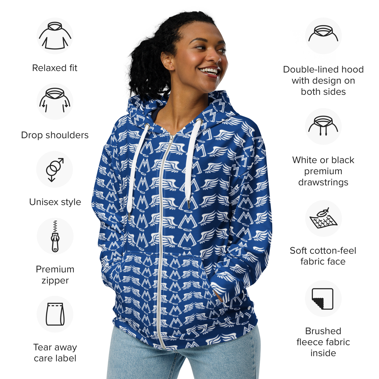Blue Unisex Zip Hoodie With Duplicated White MM Iconic Logo
