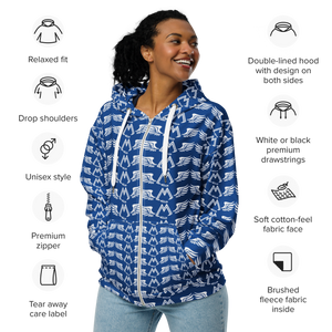 Blue Unisex Zip Hoodie With Duplicated White MM Iconic Logo