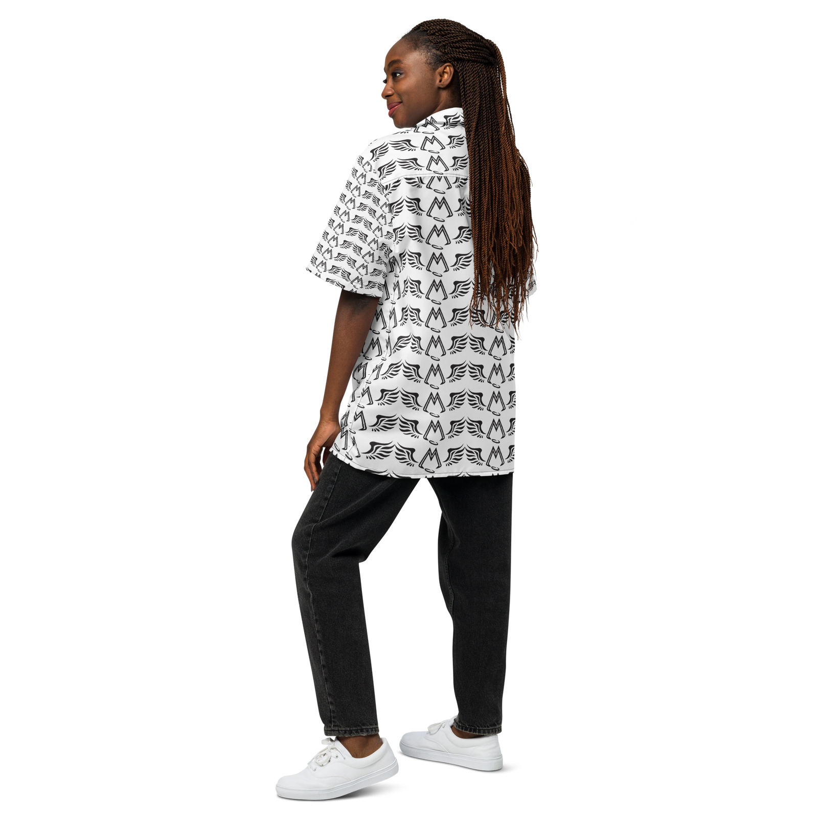 White Unisex Button Shirt With Duplicated Black MM Iconic Logo