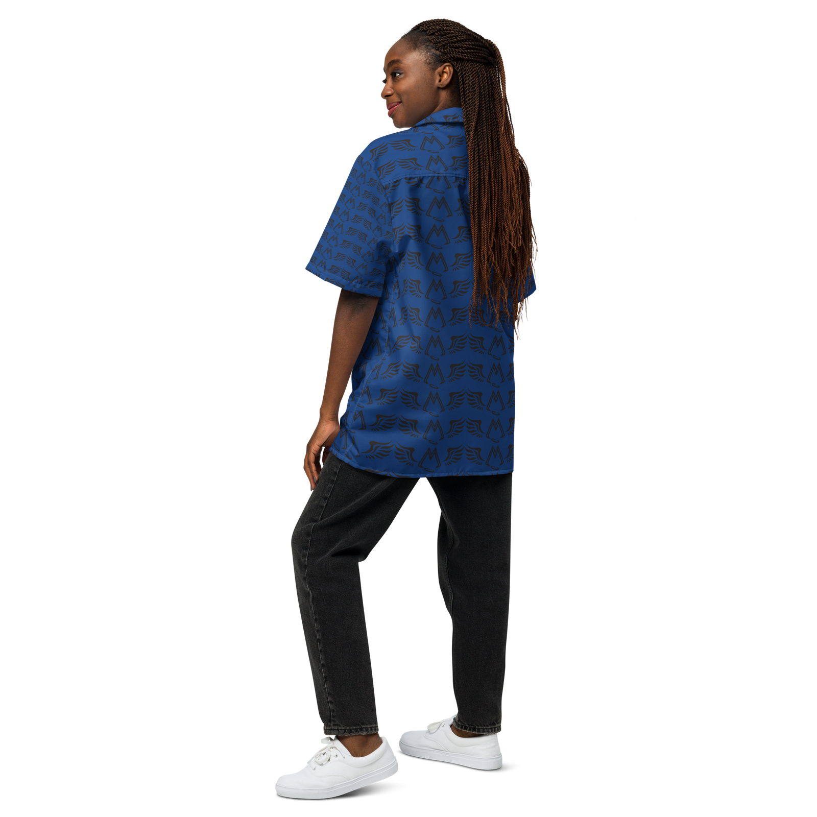 Blue Unisex Button Shirt With Duplicated Black MM Iconic Logo