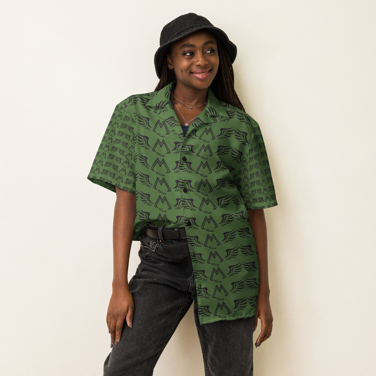 Army Green Unisex Button Shirt With Duplicated Black MM Iconic Logo