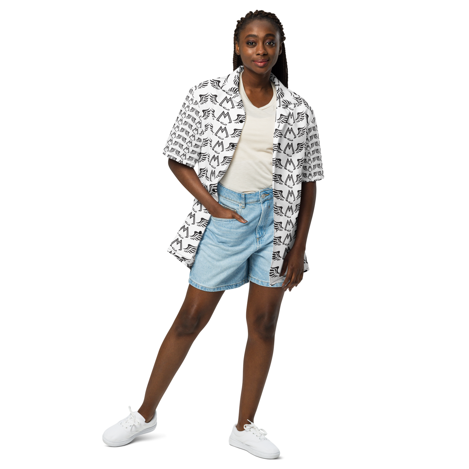 White Unisex Button Shirt With Duplicated Black MM Iconic Logo