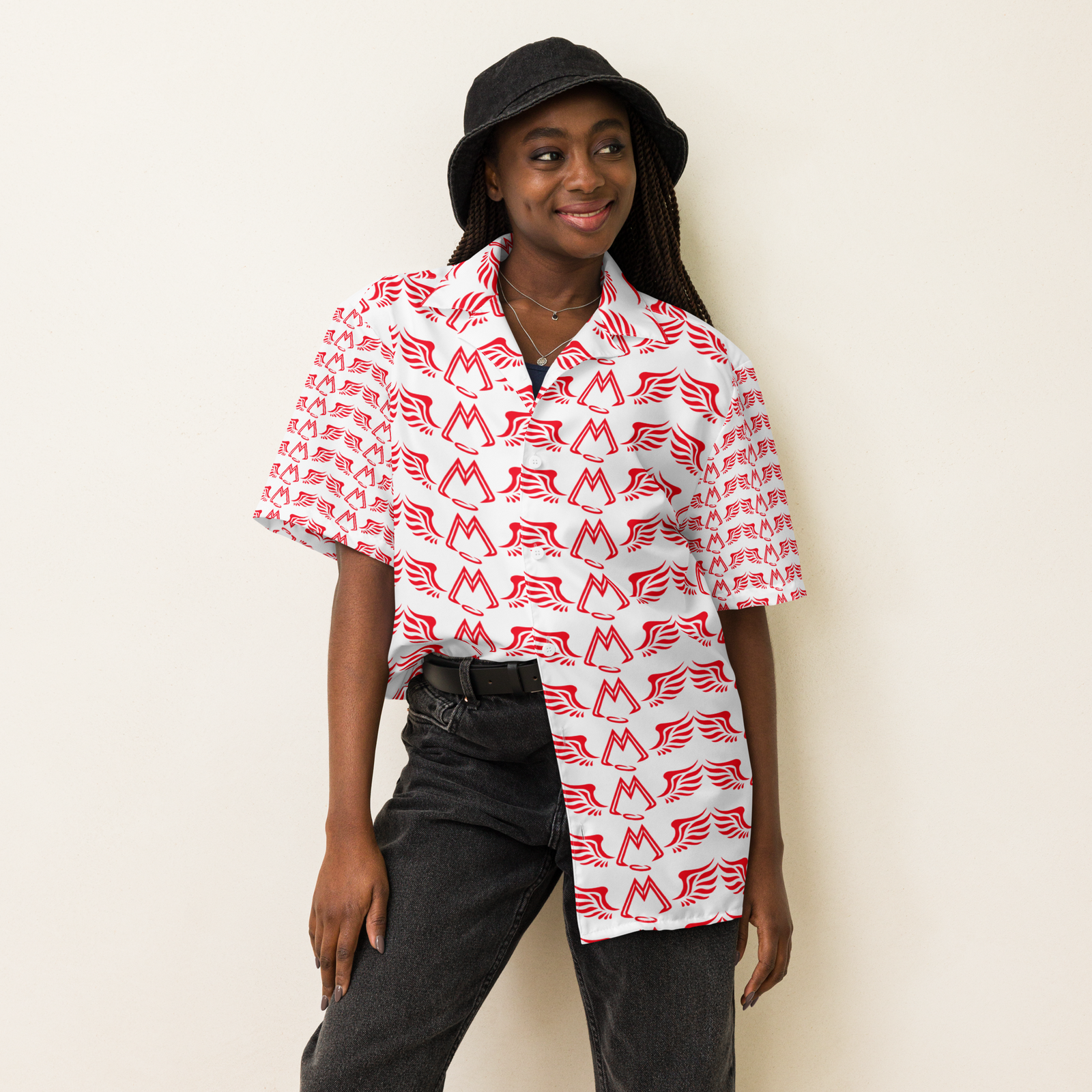 White Unisex Button Shirt With Duplicated Red MM Iconic Logo