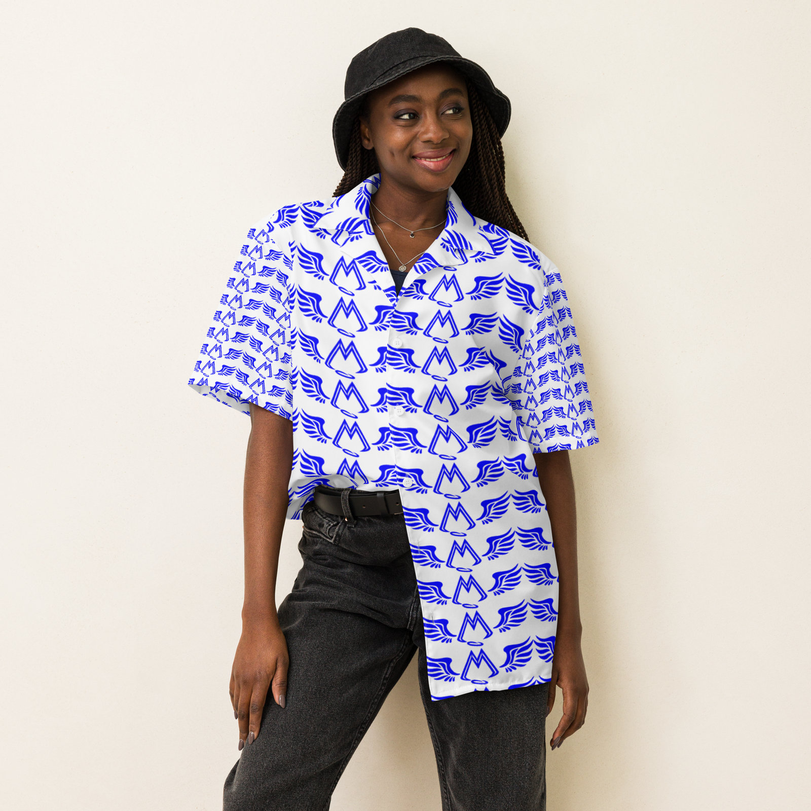 White Unisex Button Shirt With Duplicated Blue MM Iconic Logo