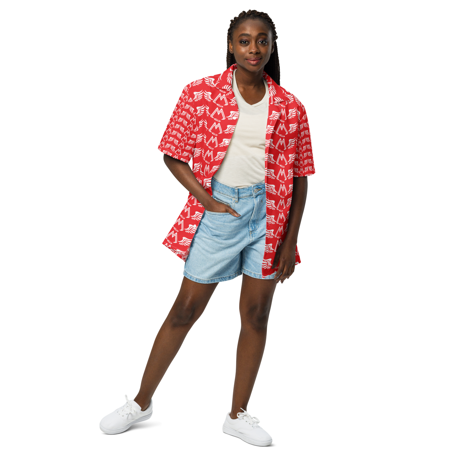 Red Unisex Button Shirt With Duplicated White MM Iconic Logo