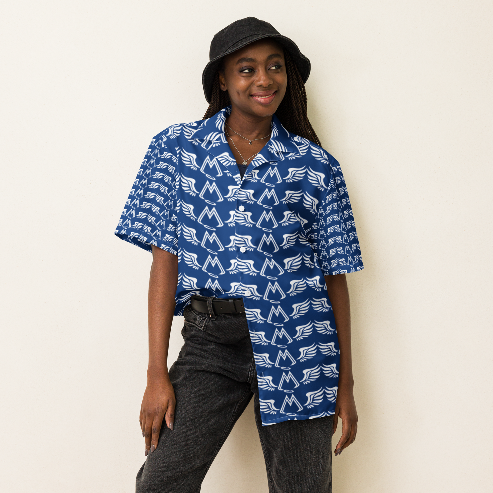 Blue Unisex Button Shirt With Duplicated White MM Iconic Logo