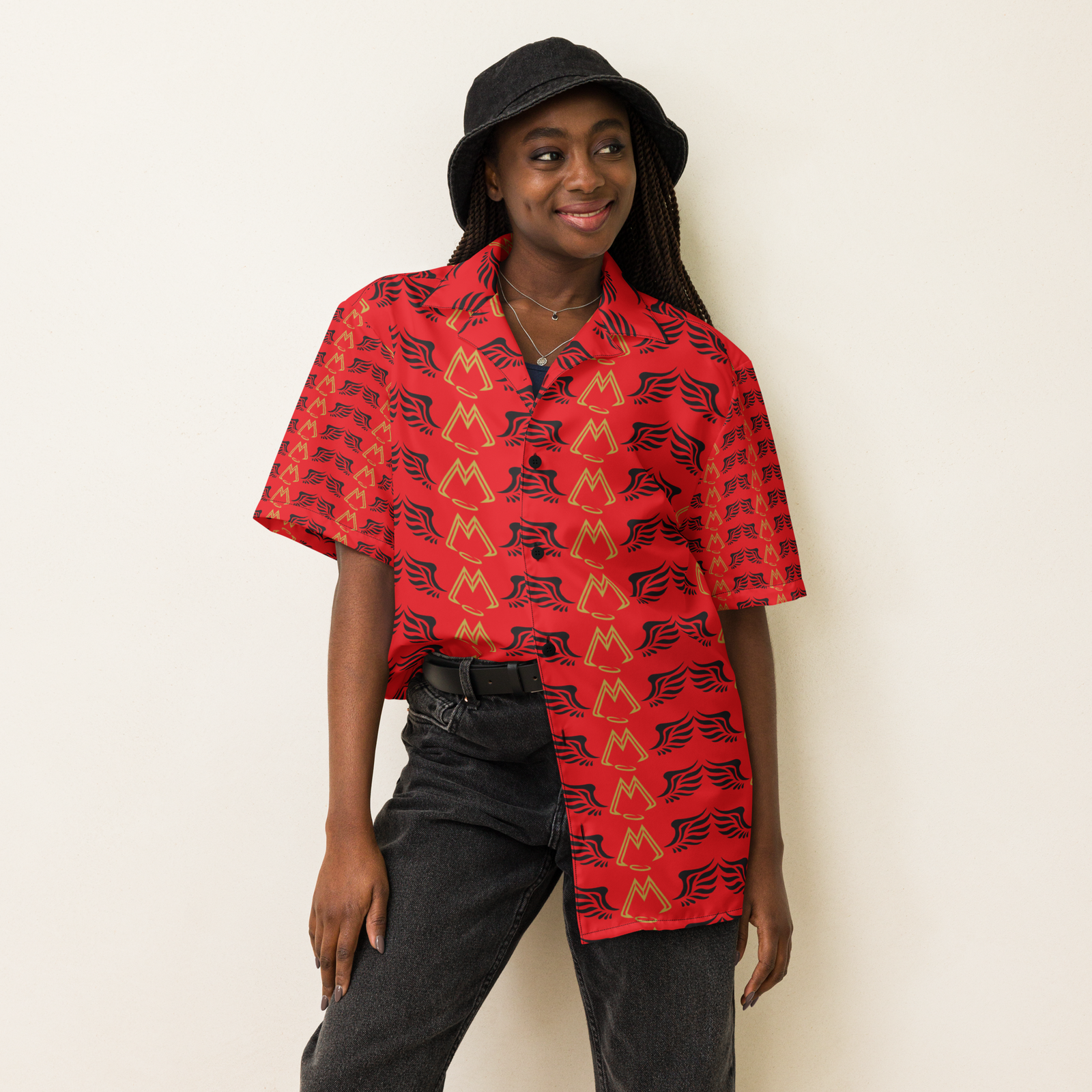 Red Unisex Button Shirt With Duplicated Gold-Black MM Iconic Logo