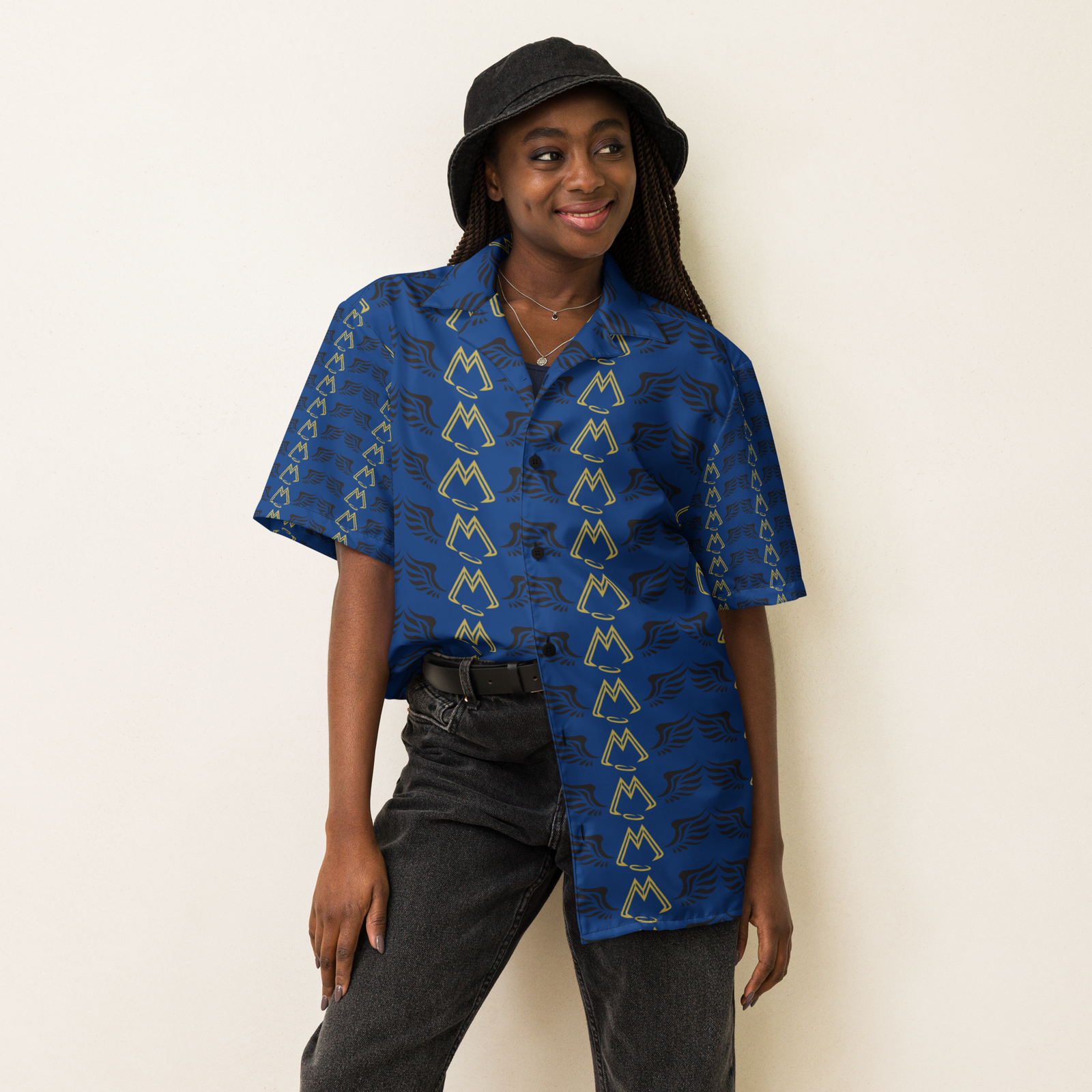 Blue Unisex Button Shirt With Duplicated Gold-Black MM Iconic Logo