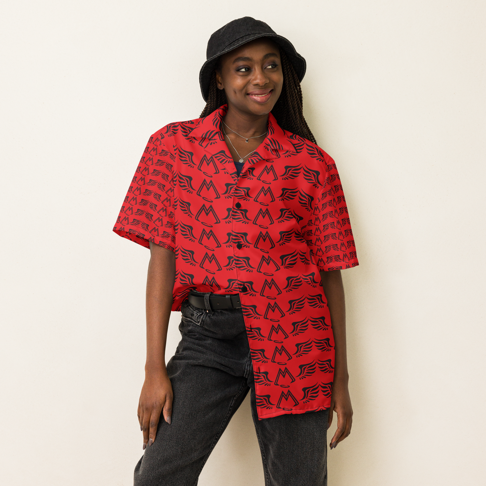 Red Unisex Button Shirt With Duplicated Black MM Iconic Logo