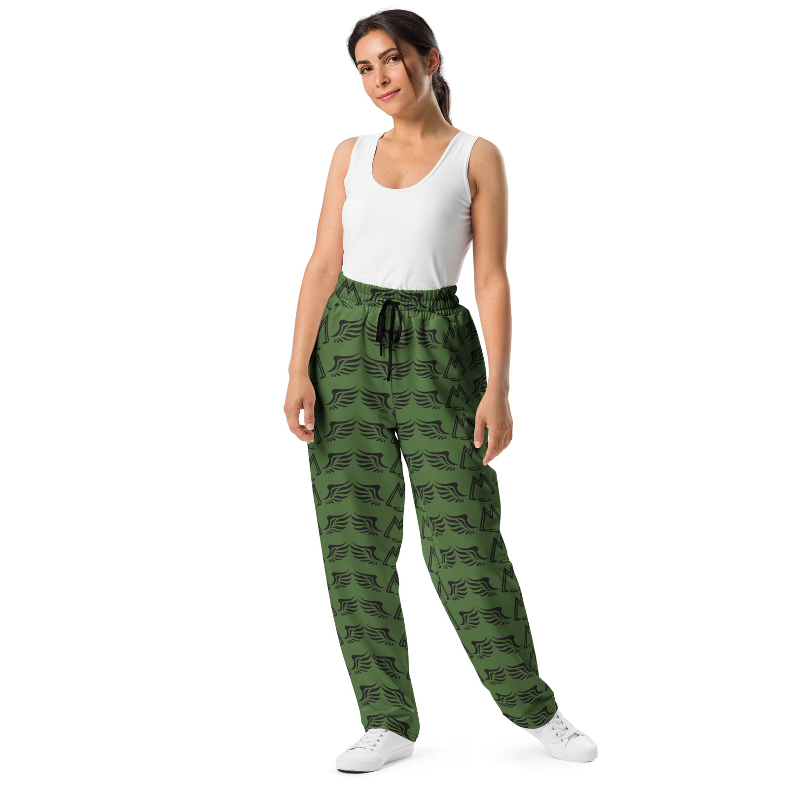 Army Green Unisex Wide-Leg Joggers With Duplicated Black MM Iconic Logo