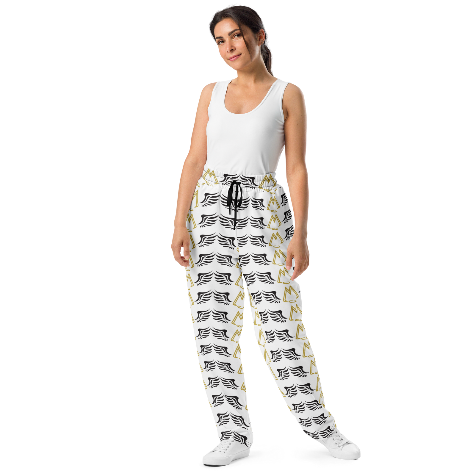 White Unisex Wide-Leg Joggers With Duplicated Gold-Black MM Iconic Logo