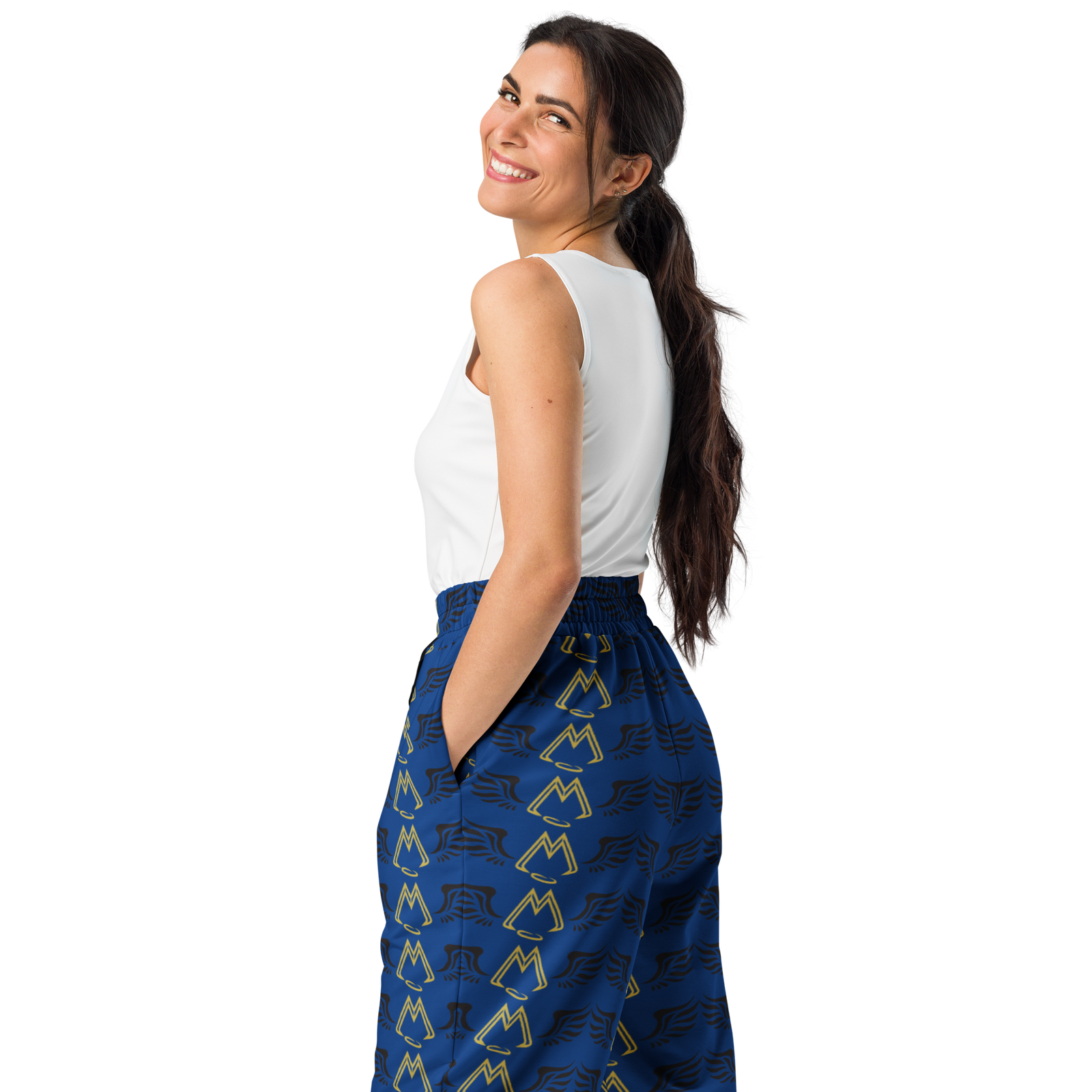 Blue Unisex Wide-Leg Joggers With Duplicated Gold-Black MM Iconic Logo