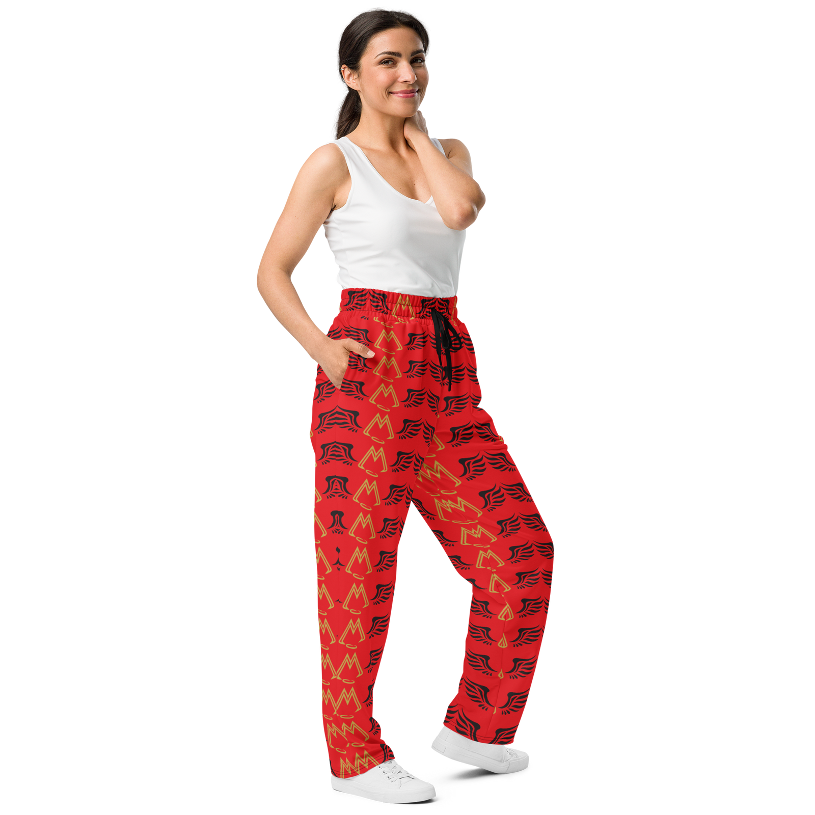 Red Unisex Wide-Leg Joggers With Duplicated Gold-Black MM Iconic Logo