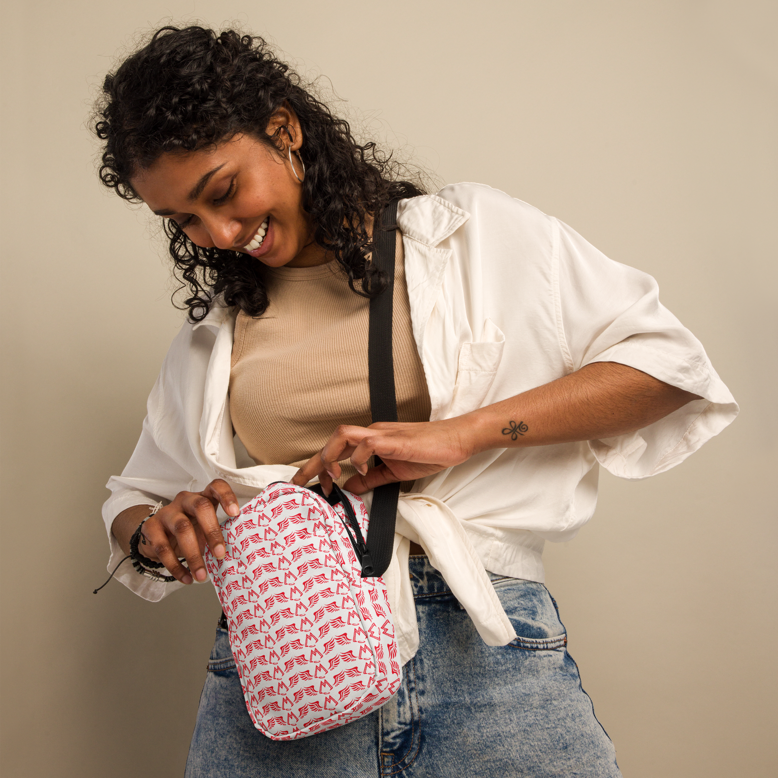 White Utility Crossbody Bag With Duplicated Red MM Iconic Logo