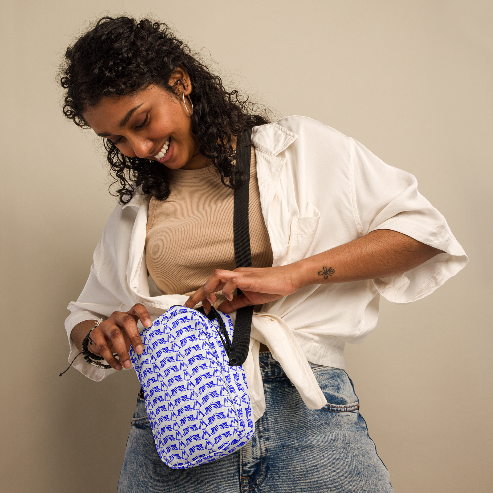 White Utility Crossbody Bag With Duplicated Blue MM Iconic Logo