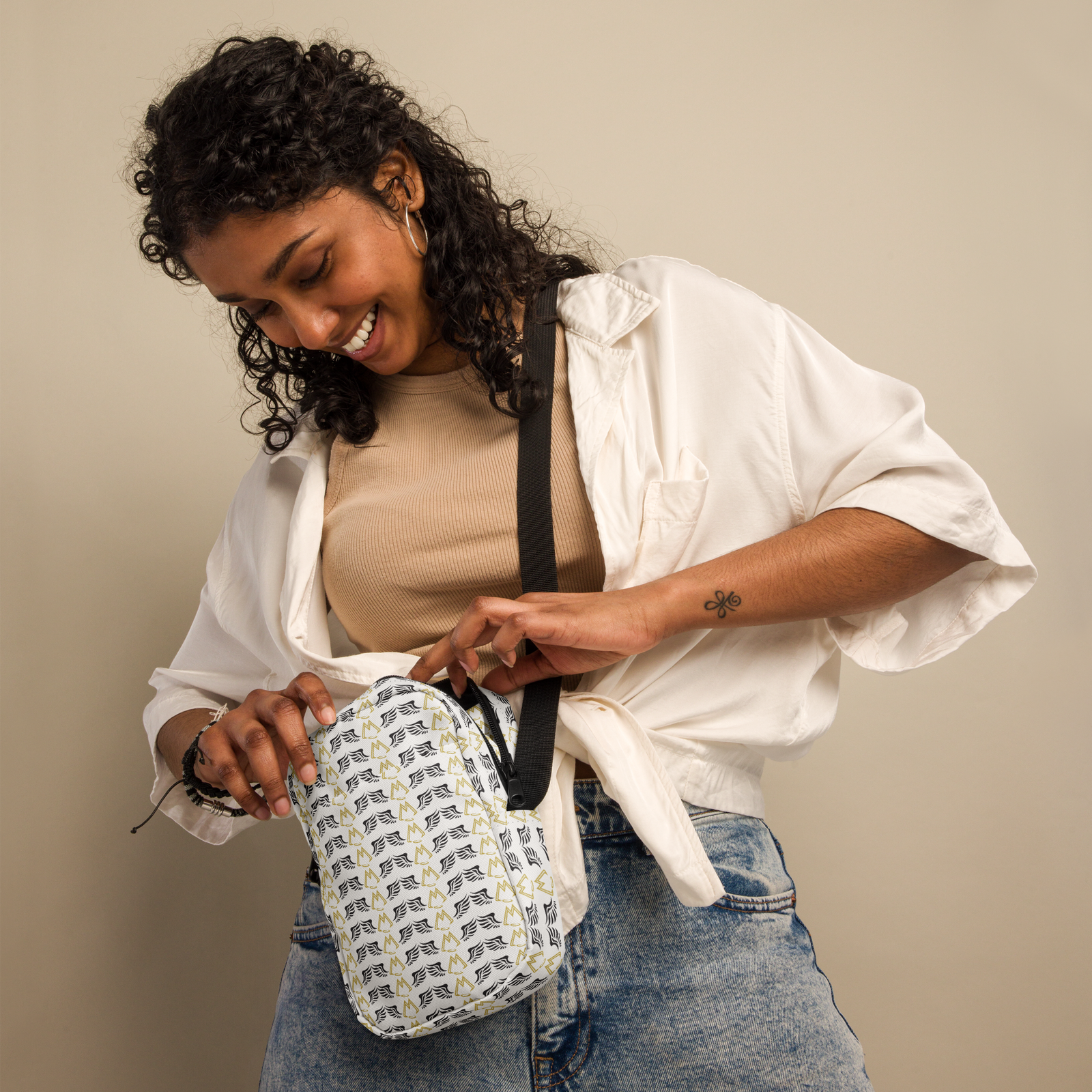 White Utility Crossbody Bag With Duplicated Gold-Black MM Iconic Logo