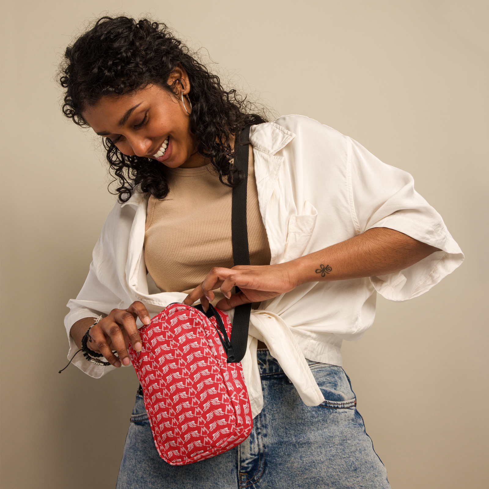 Red Utility Crossbody Bag With Duplicated White MM Iconic Logo