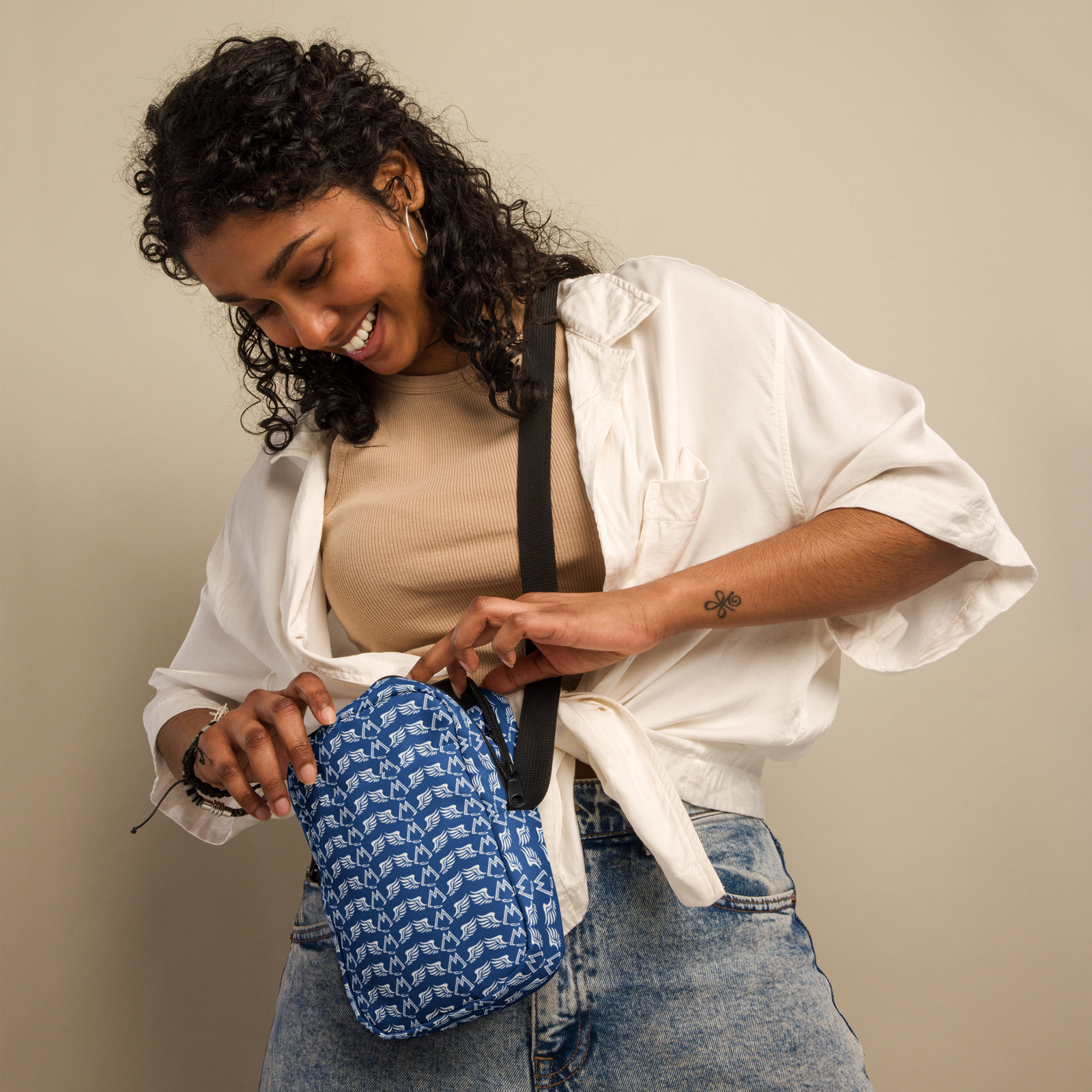 Blue Utility Crossbody Bag With Duplicated White MM Iconic Logo