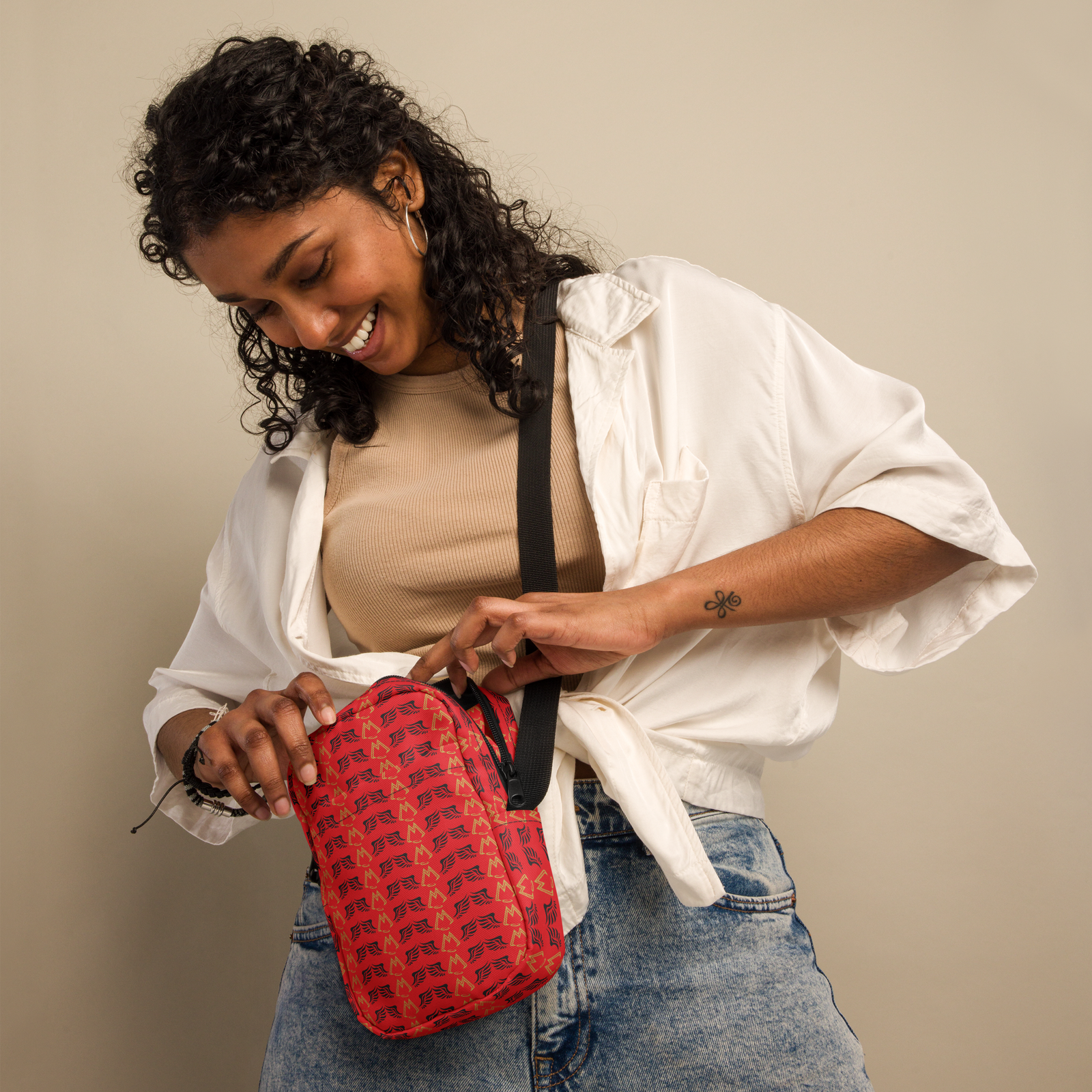 Red Utility Crossbody Bag With Duplicated Gold-Black MM Iconic Logo