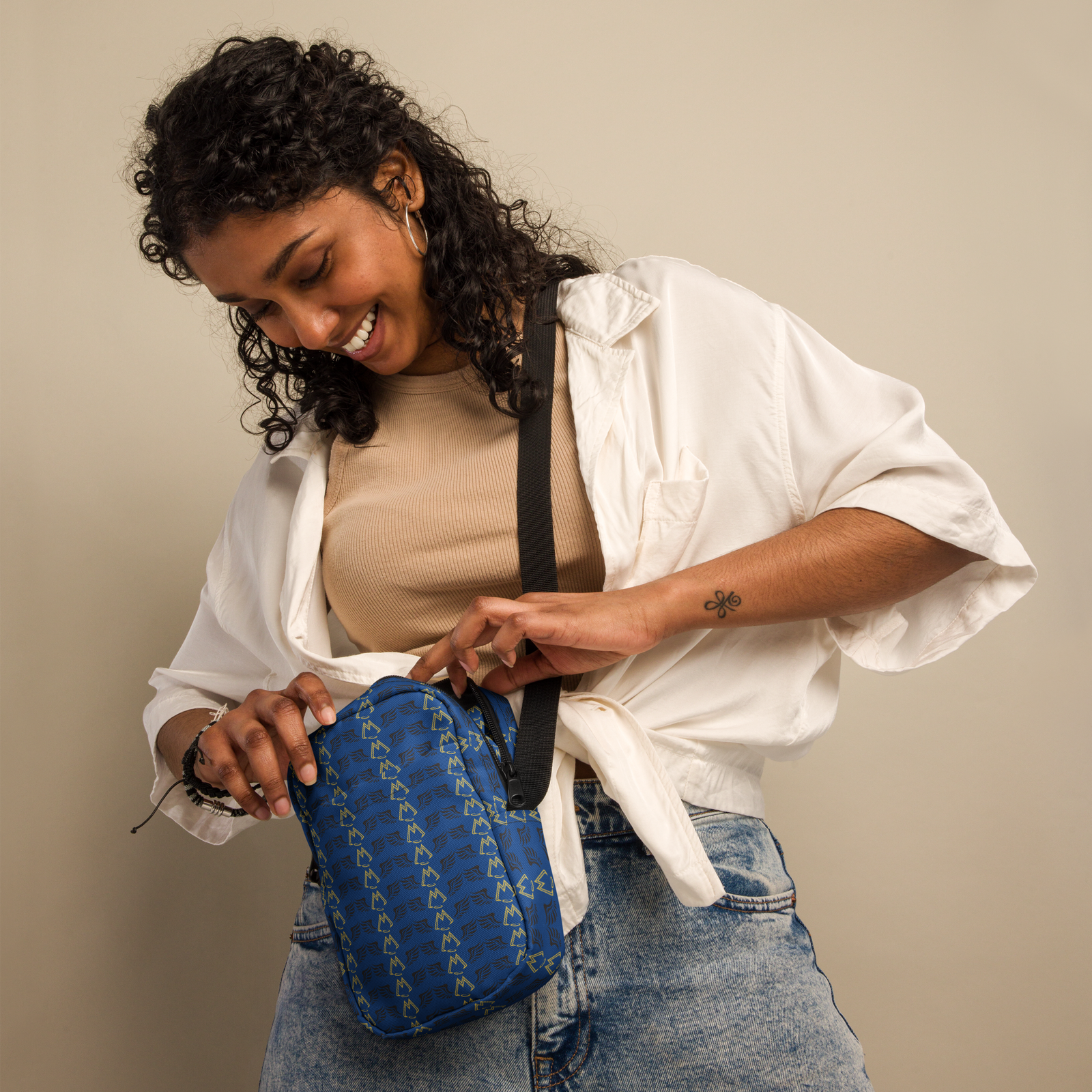 Blue Utility Crossbody Bag With Duplicated Gold-Black MM Iconic Logo