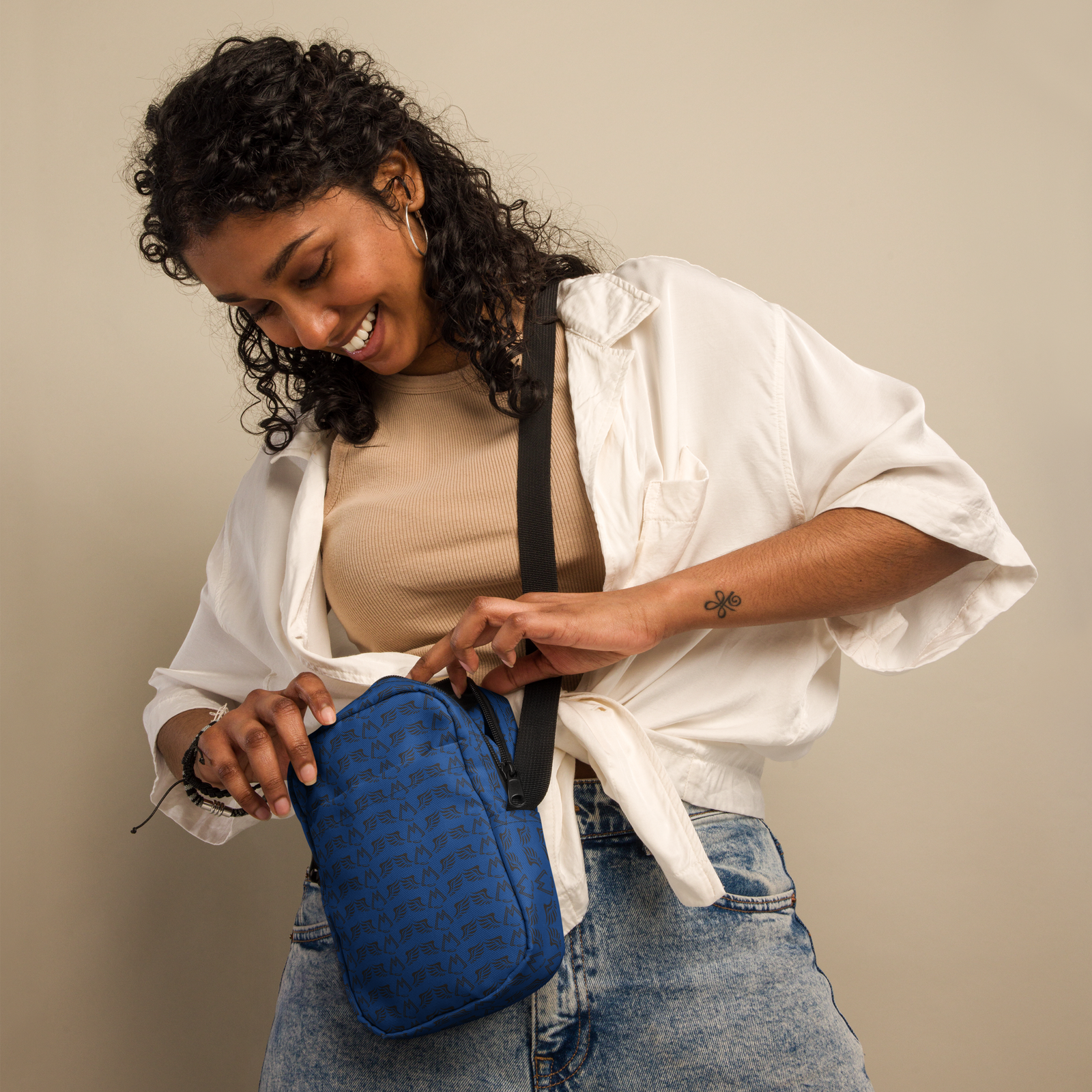 Blue Utility Crossbody Bag With Duplicated Black MM Iconic Logo