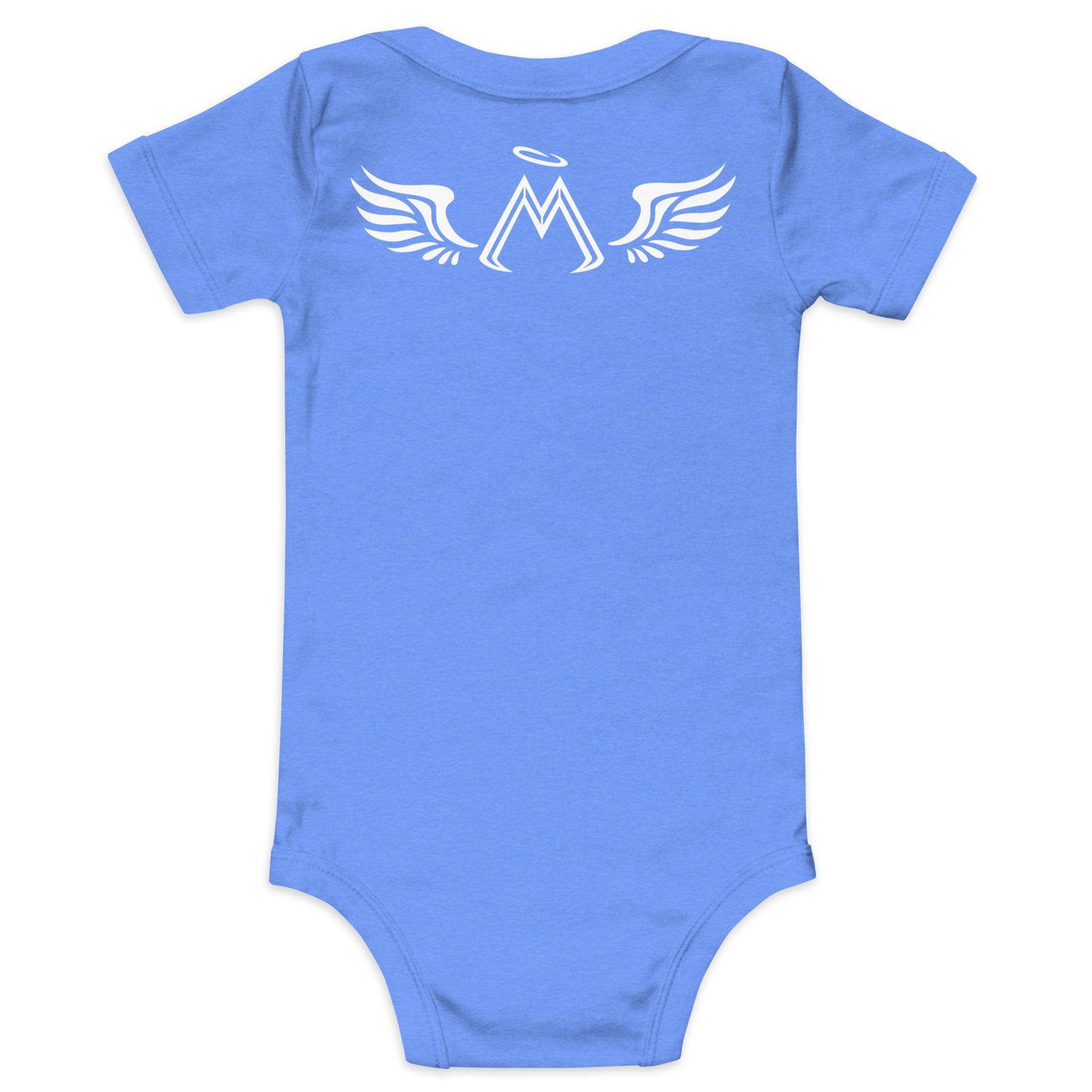 Heather Columbia Blue Baby Short Sleeve One Piece With Embroidered White MM Iconic Logo
