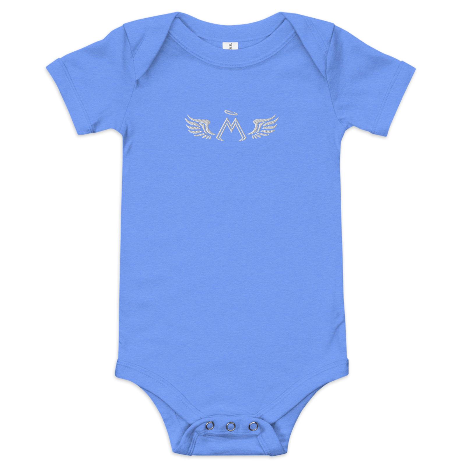 Heather Columbia Blue Baby Short Sleeve One Piece With Embroidered White MM Iconic Logo