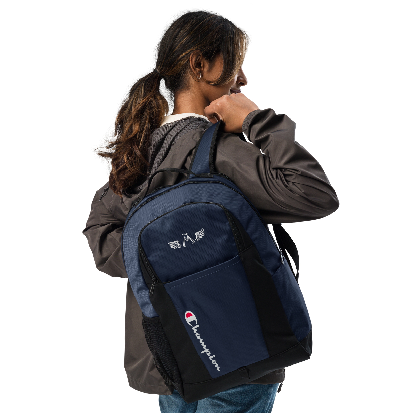 Athletic Navy Blue Champion Backpack With Embroidered White MM Iconic Logo