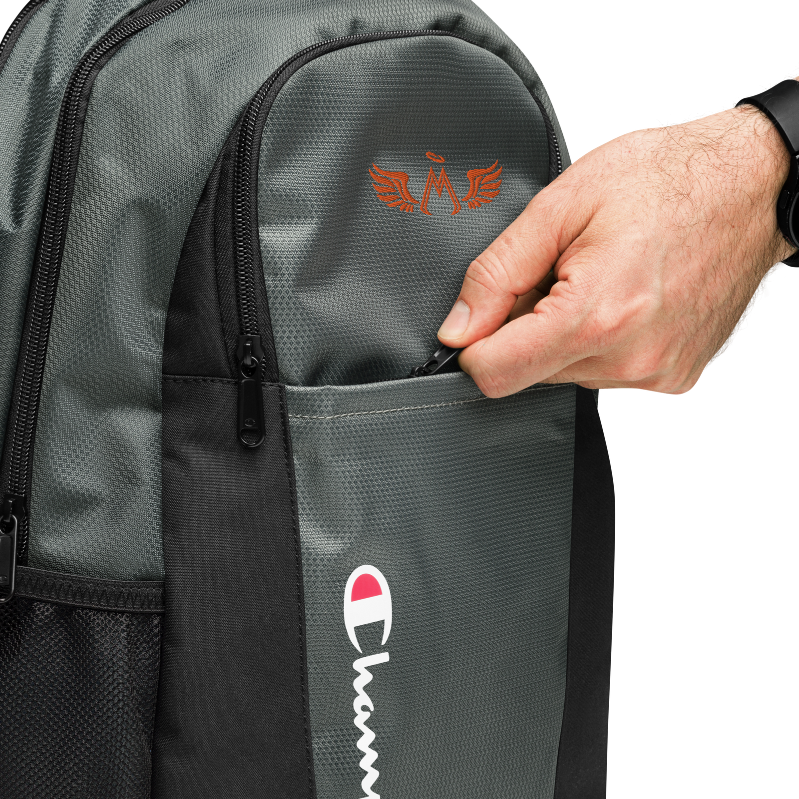 Heather Oxford Grey Champion Backpack With Embroidered Orange MM Iconic Logo