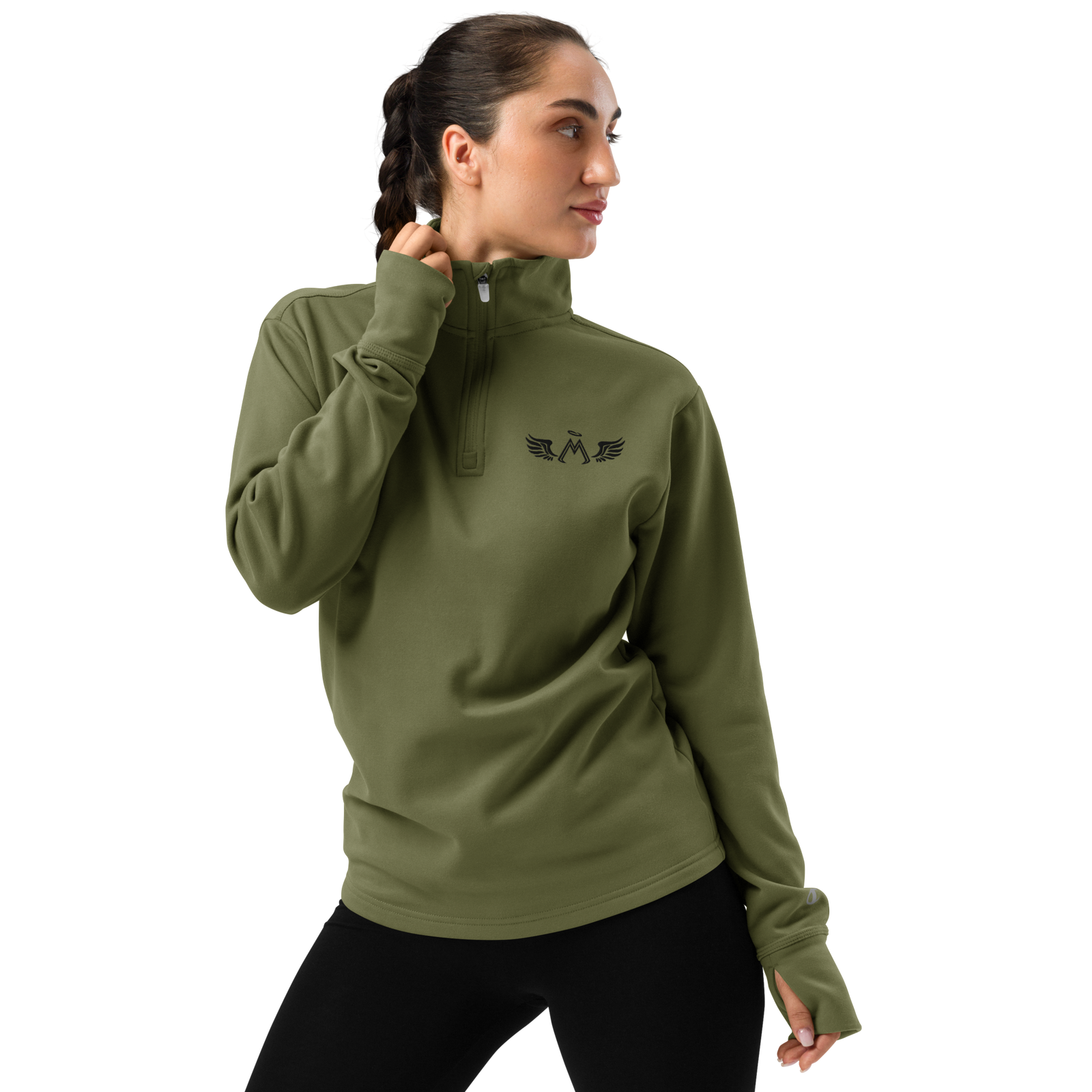 Olive Green Champion Unisex Quarter Zip Pullover With Embroidered Black MM Iconic Logo