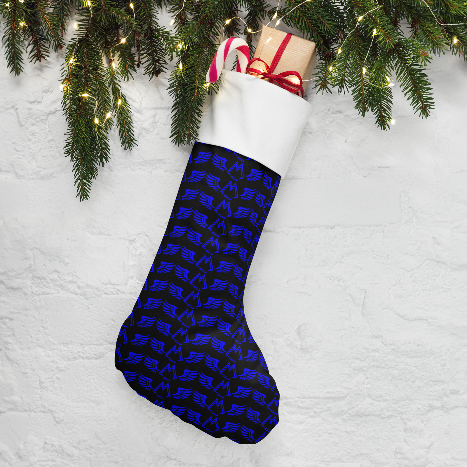 Black Christmas Stocking With Duplicated Blue MM Iconic Logo
