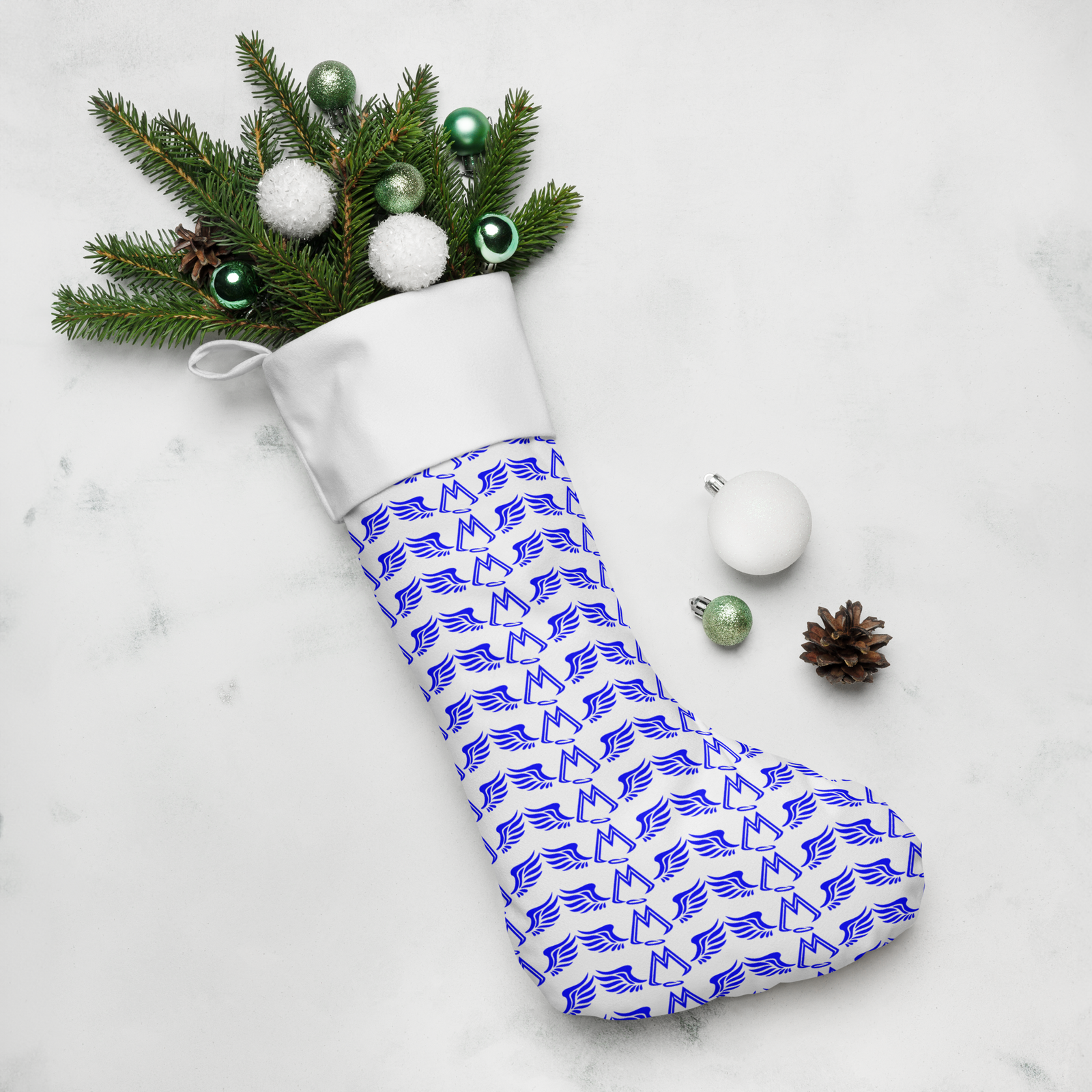 White Christmas Stocking With Duplicated Blue MM Iconic Logo
