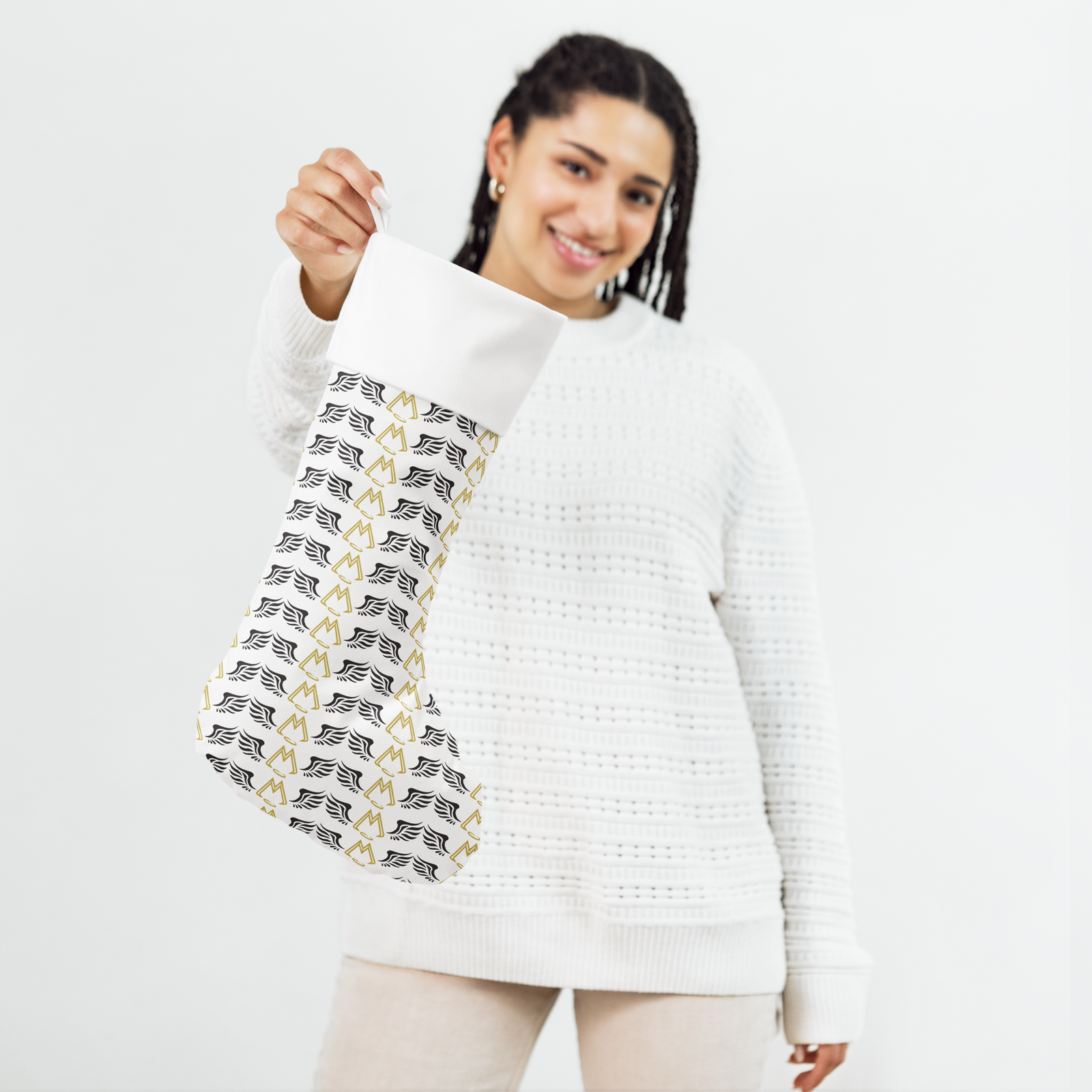 White Christmas Stocking With Duplicated Gold-Black MM Iconic Logo