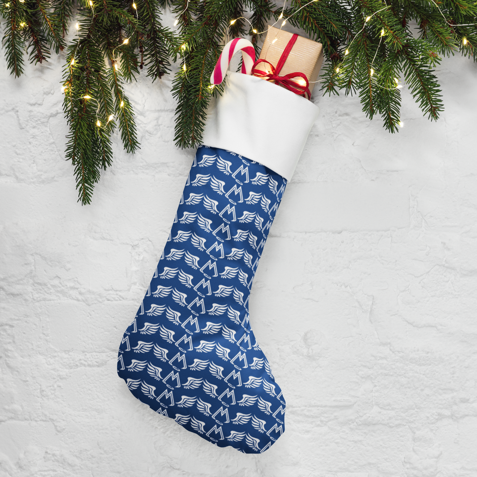 Blue Christmas Stocking With Duplicated White MM Iconic Logo