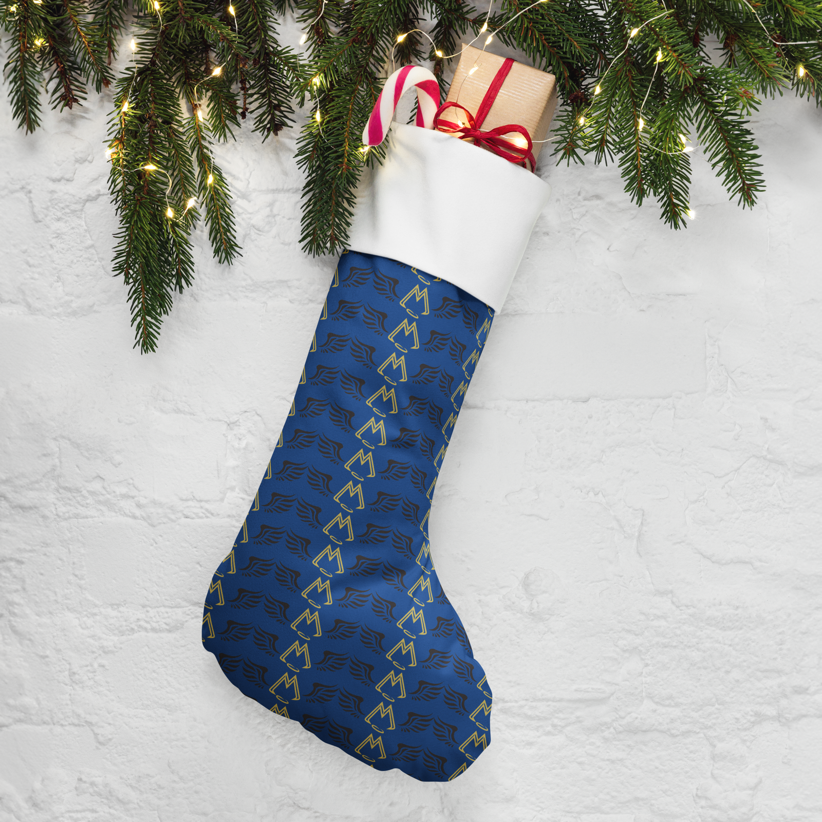Blue Christmas Stocking With Duplicated Gold-Black MM Iconic Logo