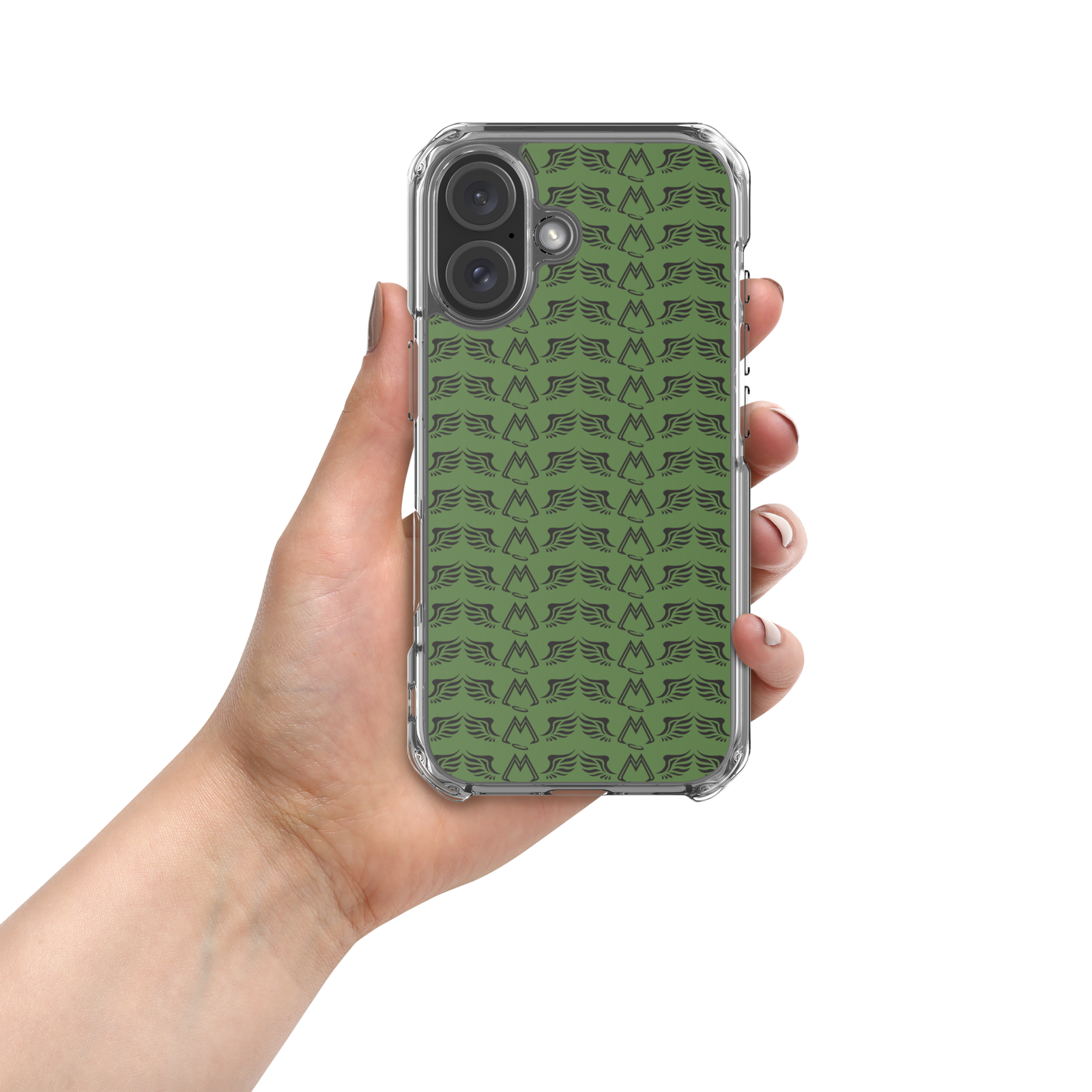 Army Green Clear Cases For iPhone 16 With Duplicated Black MM Iconic Logo
