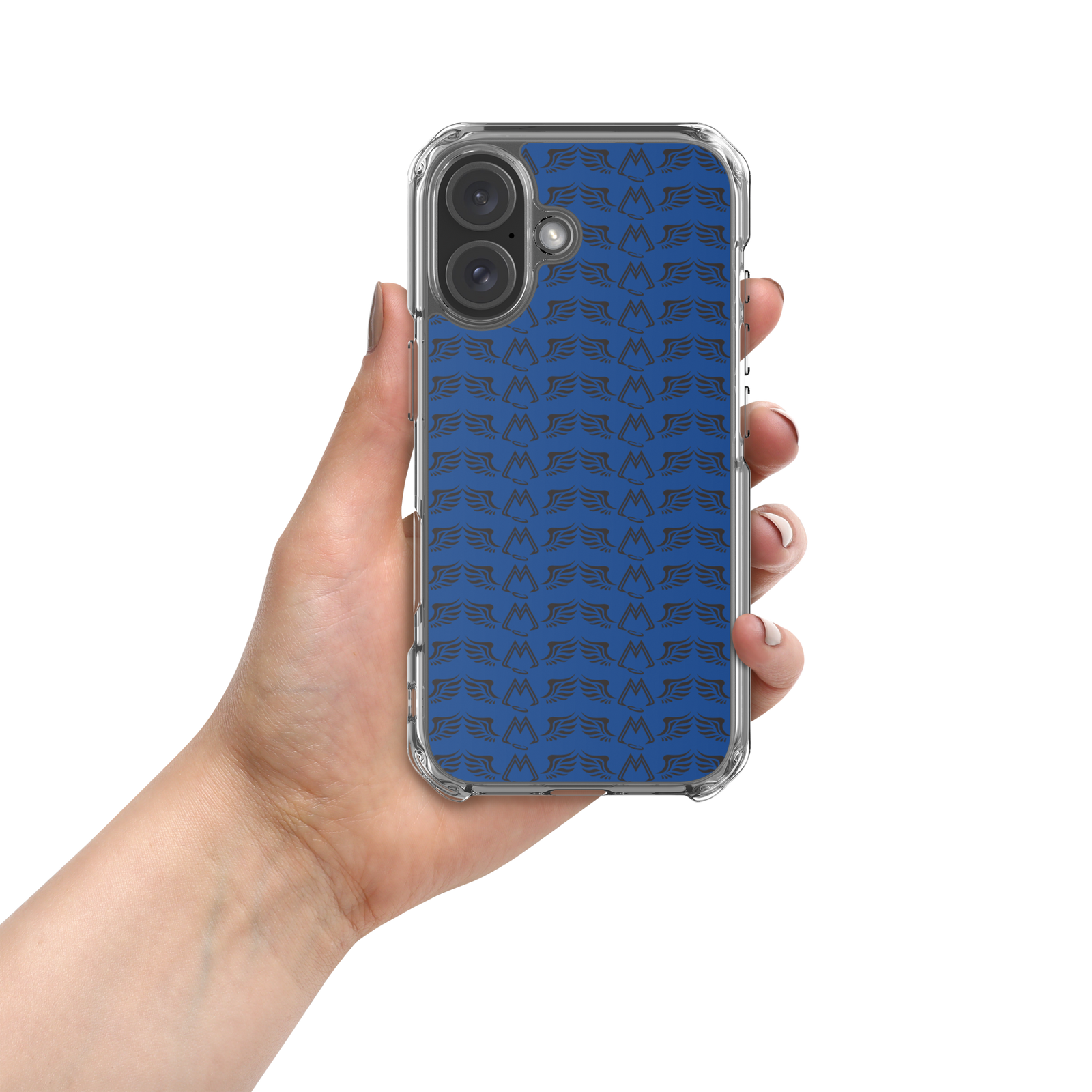 Blue Clear Cases For iPhone 16 With Duplicated Black MM Iconic Logo