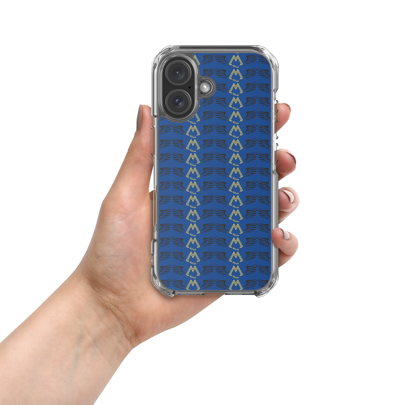 Blue Clear Cases For iPhone 16 With Duplicated Gold-Black MM Iconic Logo