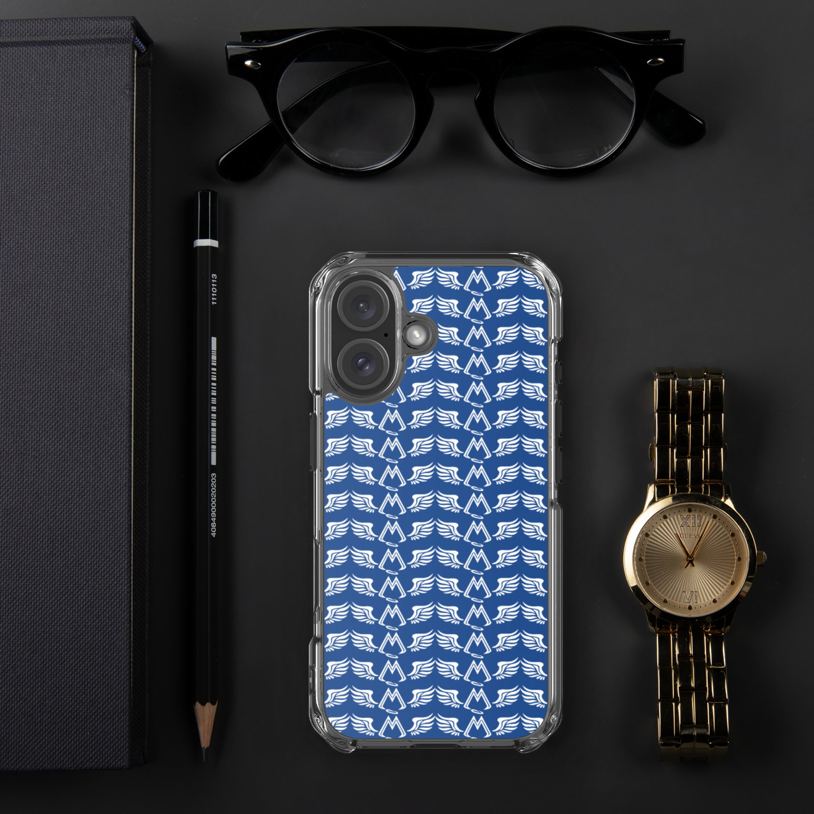 Blue Clear Cases For iPhone 16 With Duplicated White MM Iconic Logo
