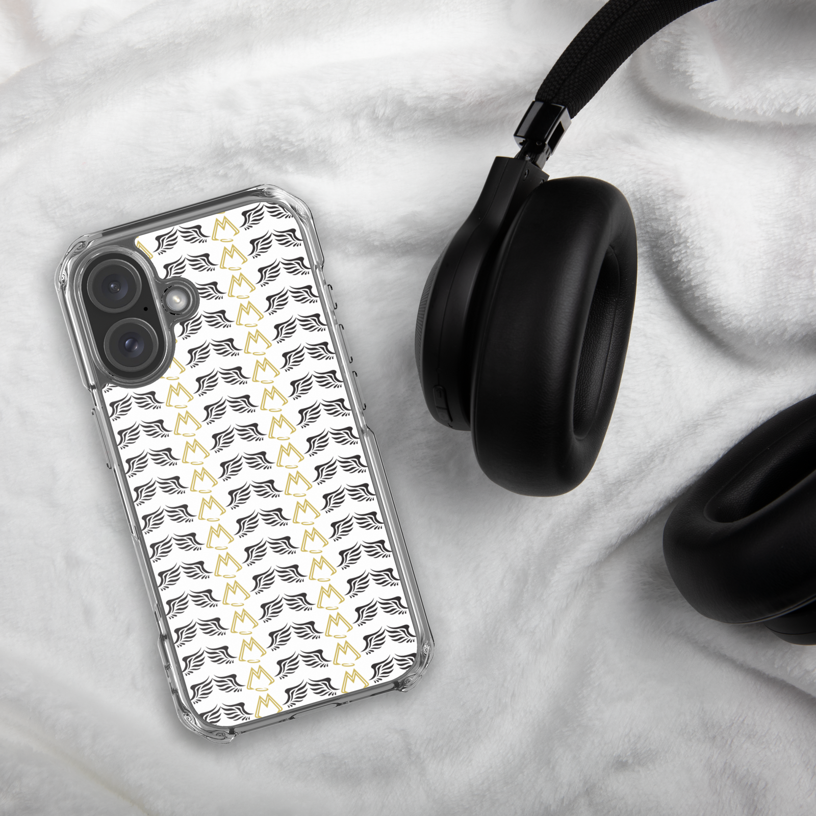 White Clear Cases For iPhone 16 With Duplicated Gold-Black MM Iconic Logo
