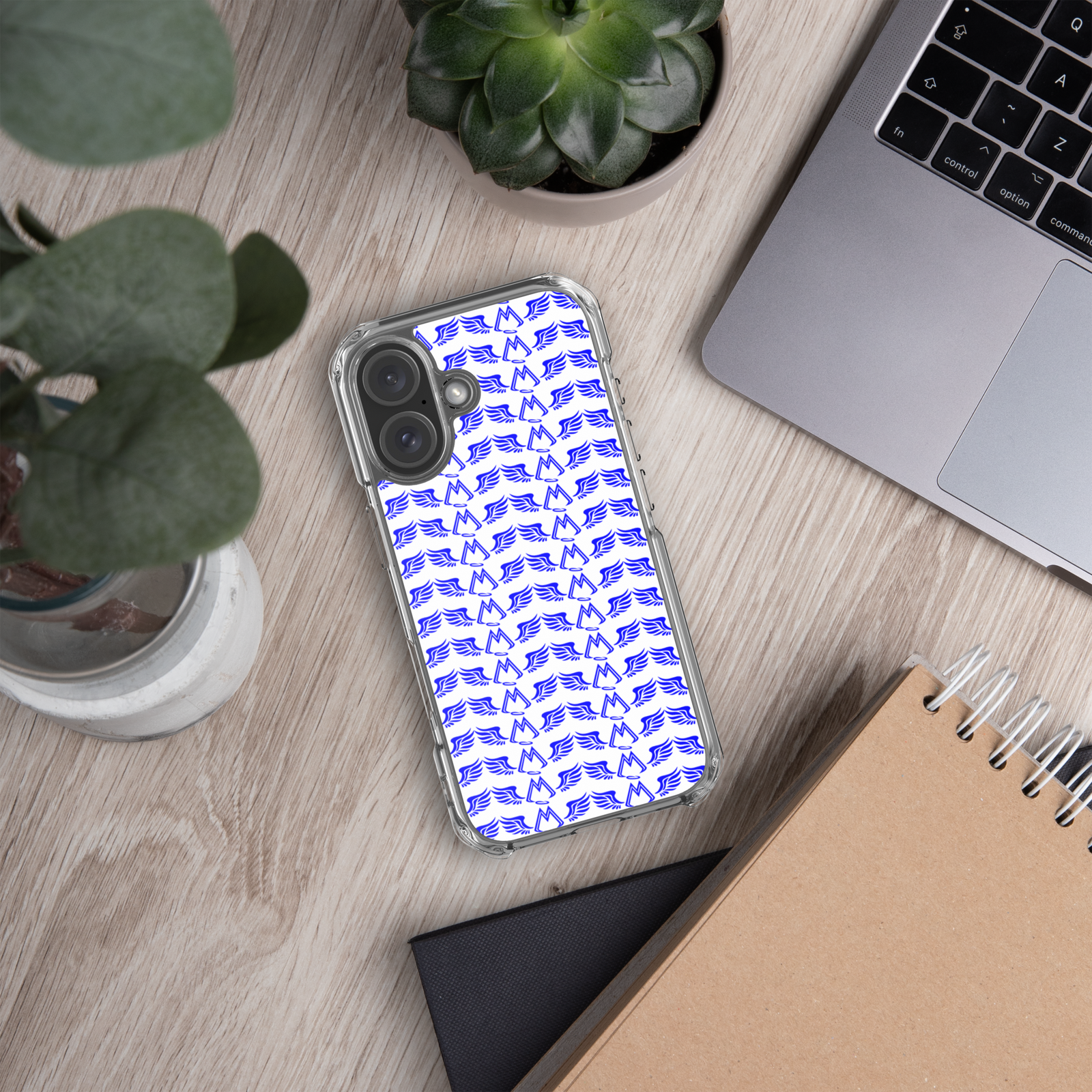 White Clear Cases For iPhone 16 With Duplicated Blue MM Iconic Logo