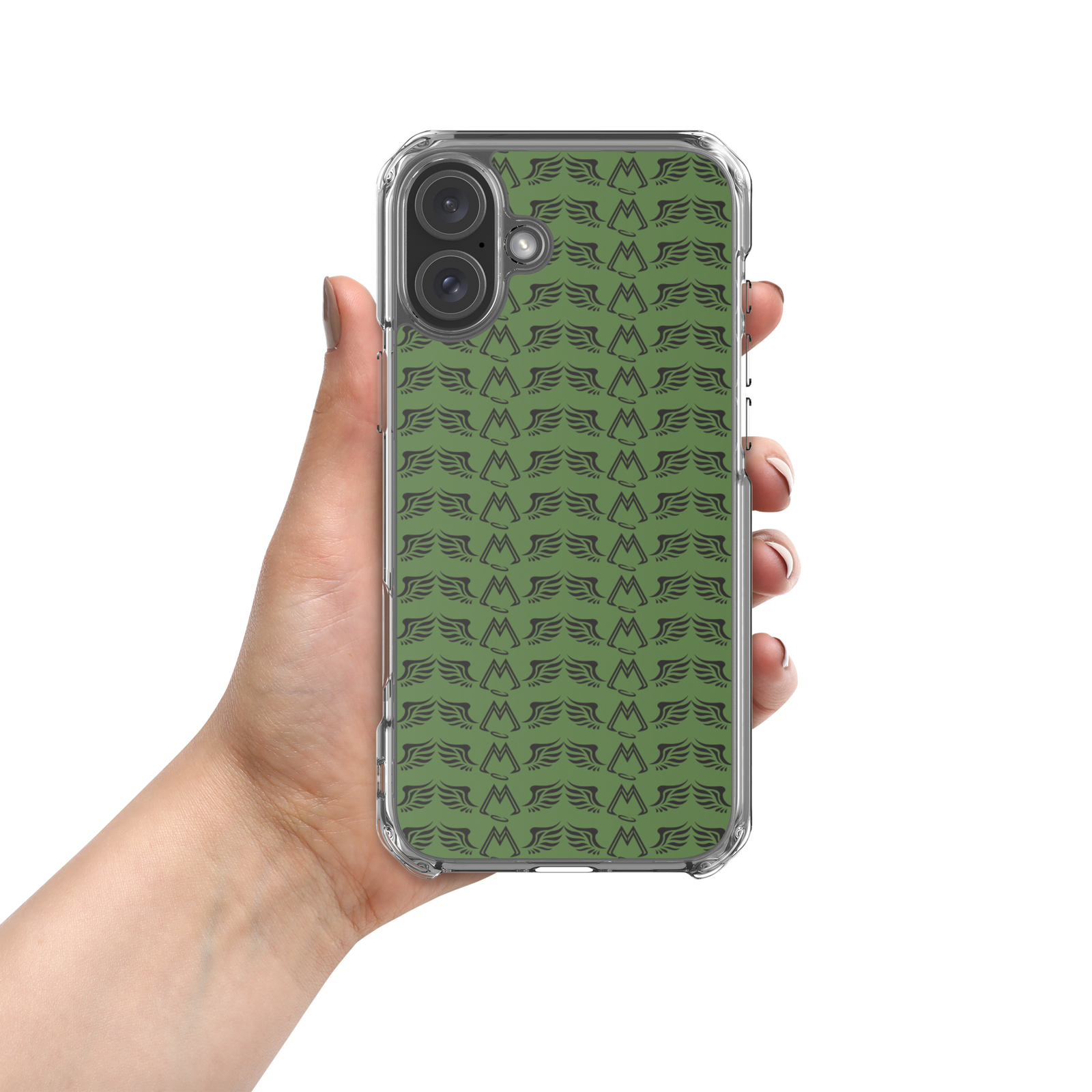 Army Green Clear Cases For iPhone 16 With Duplicated Black MM Iconic Logo
