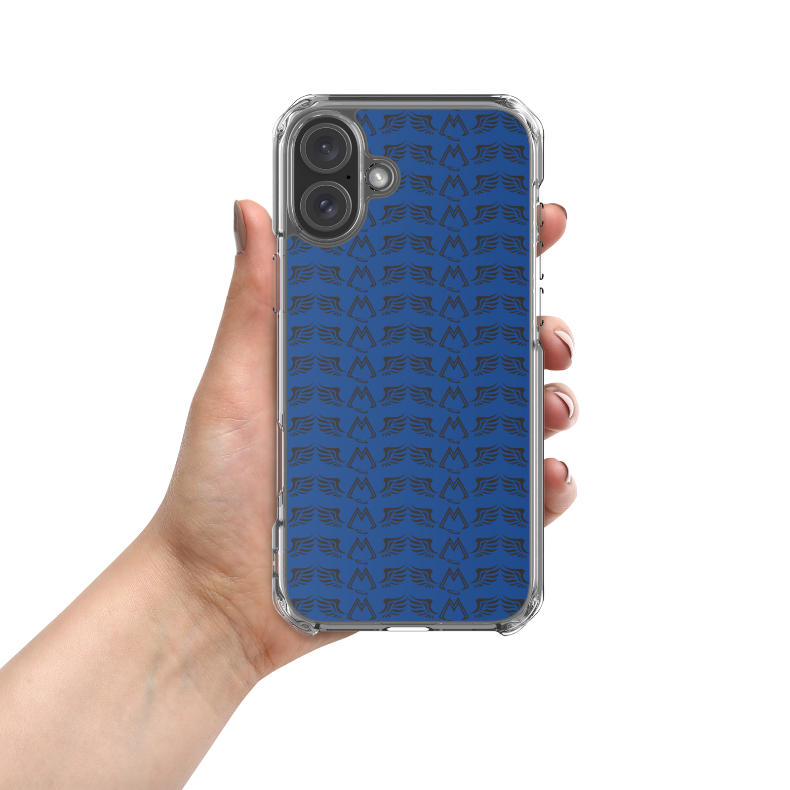 Blue Clear Cases For iPhone 16 With Duplicated Black MM Iconic Logo