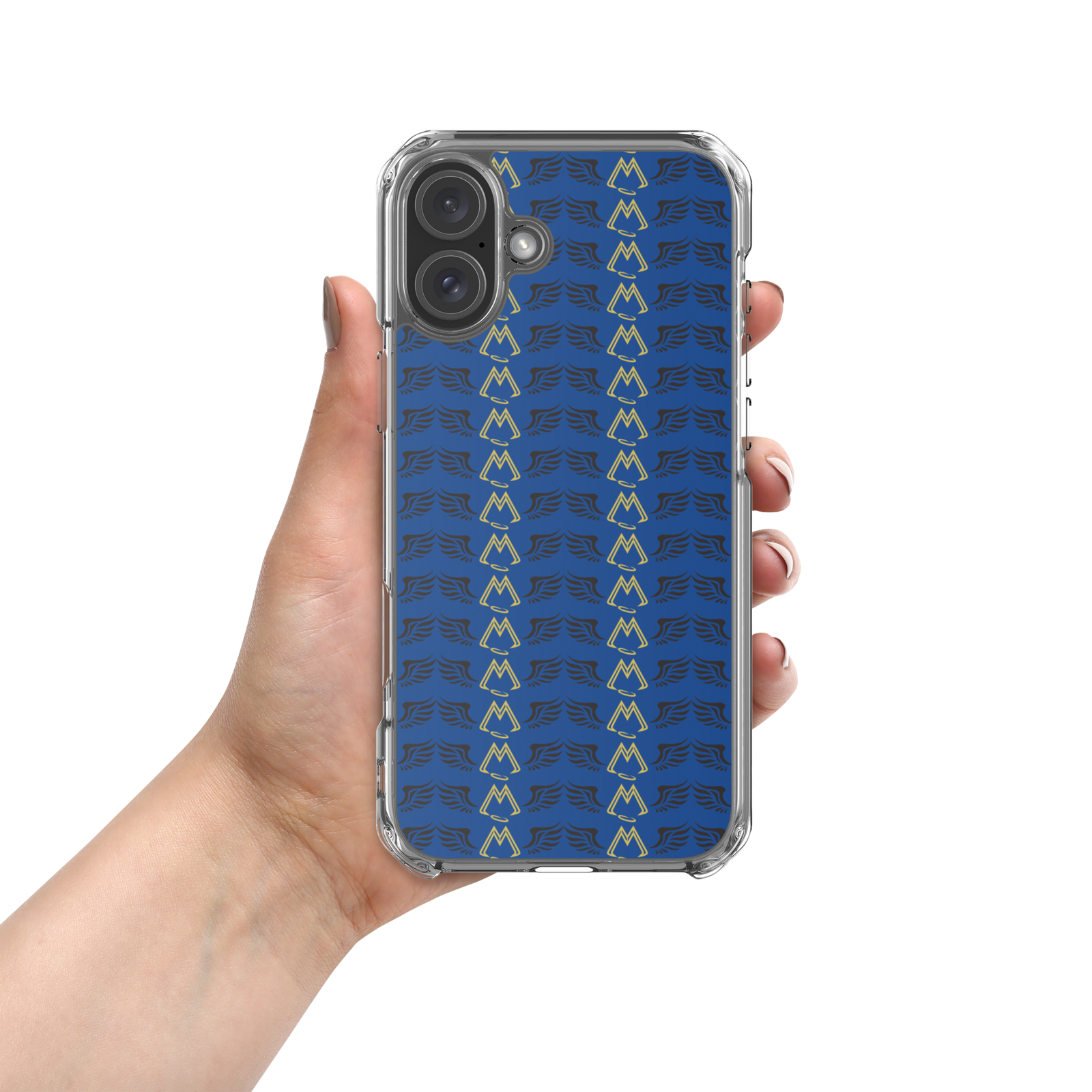 Blue Clear Cases For iPhone 16 With Duplicated Gold-Black MM Iconic Logo
