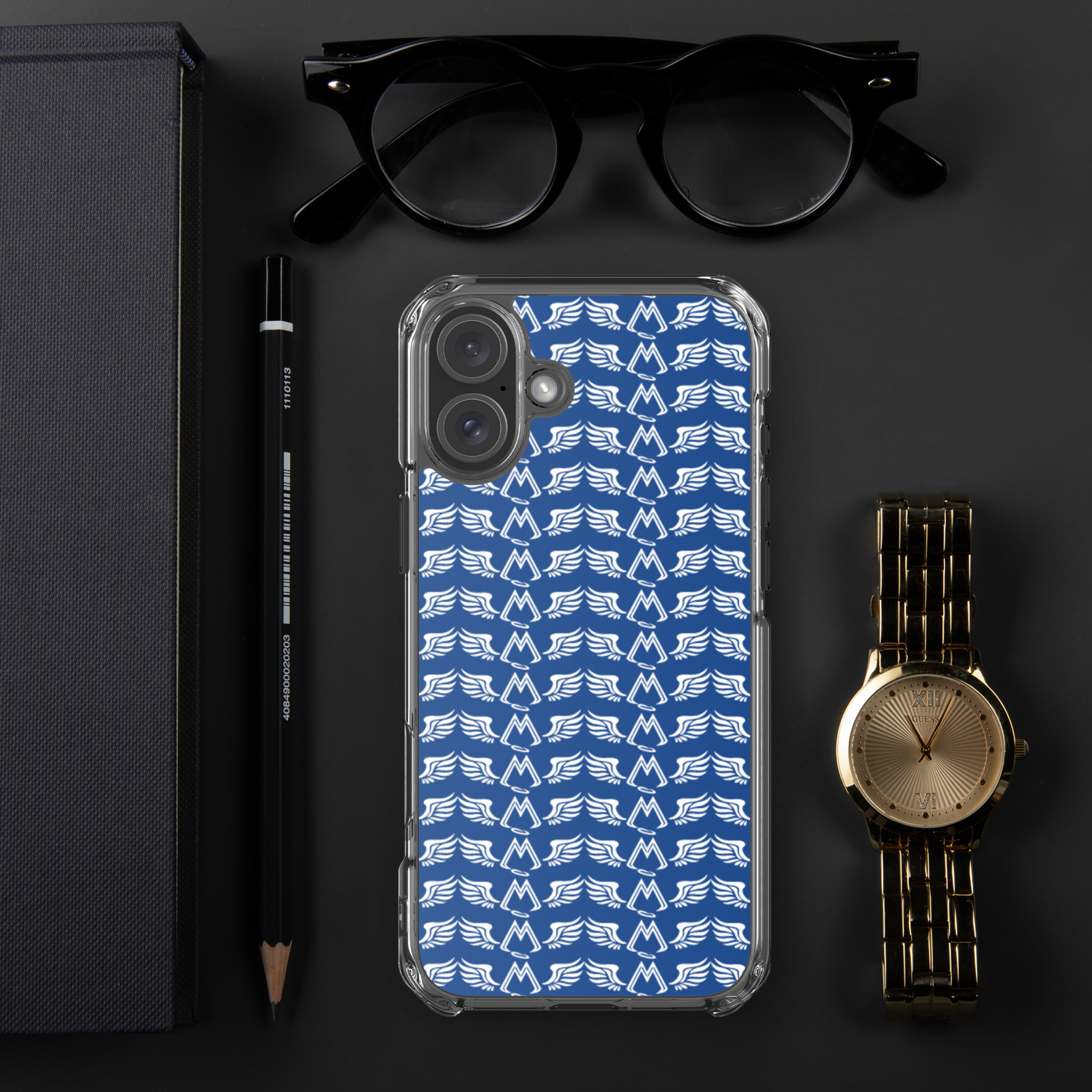 Blue Clear Cases For iPhone 16 With Duplicated White MM Iconic Logo