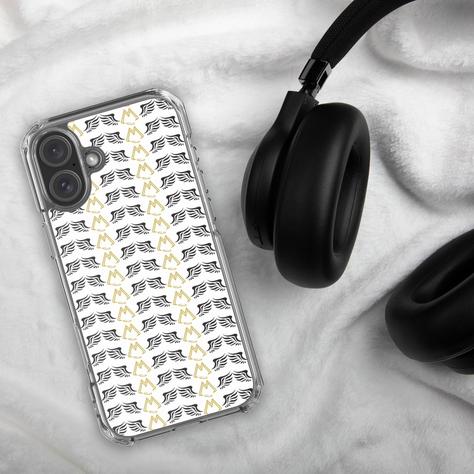 White Clear Cases For iPhone 16 With Duplicated Gold-Black MM Iconic Logo